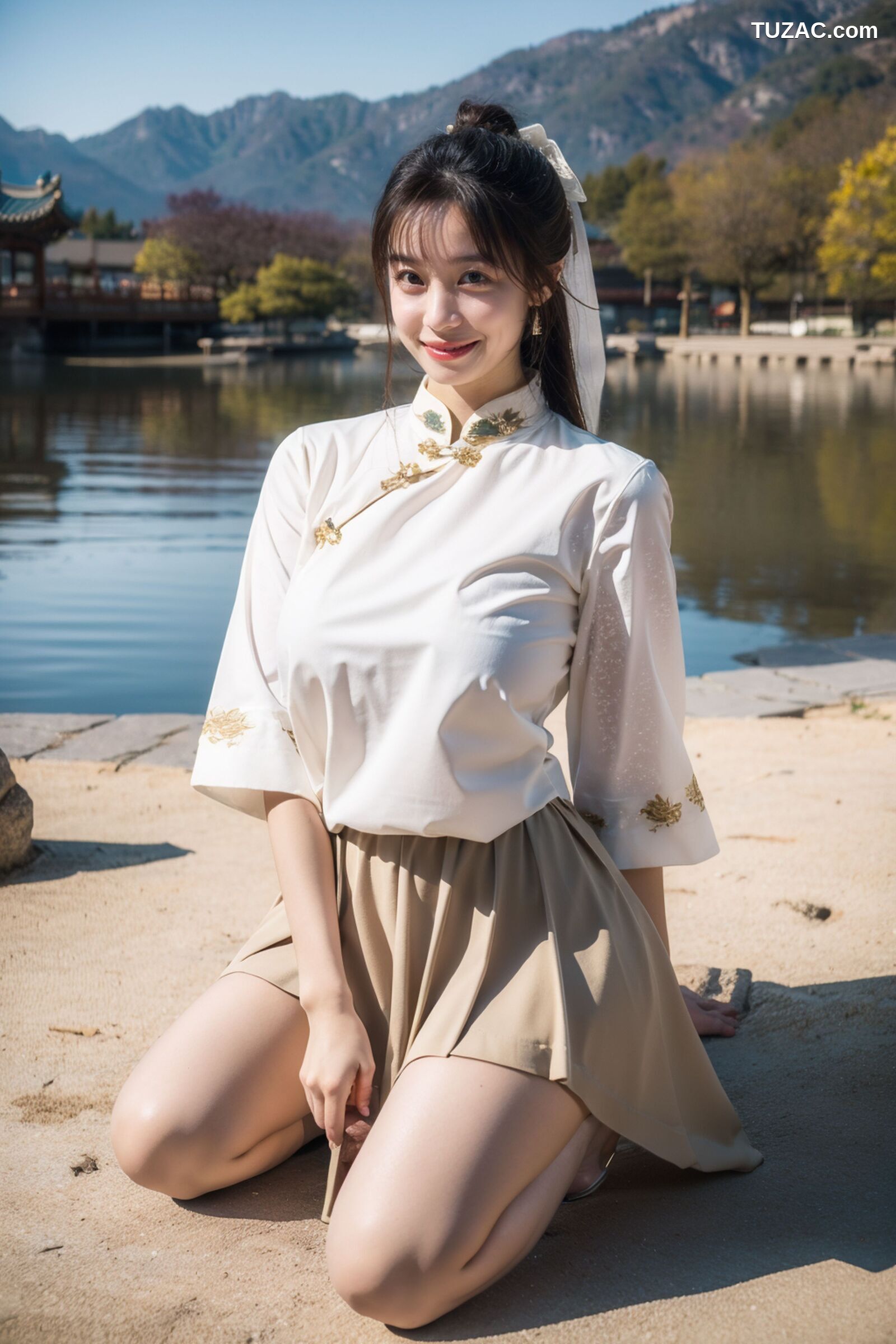AI美女-拟实-民国风白衫长裙户外河边