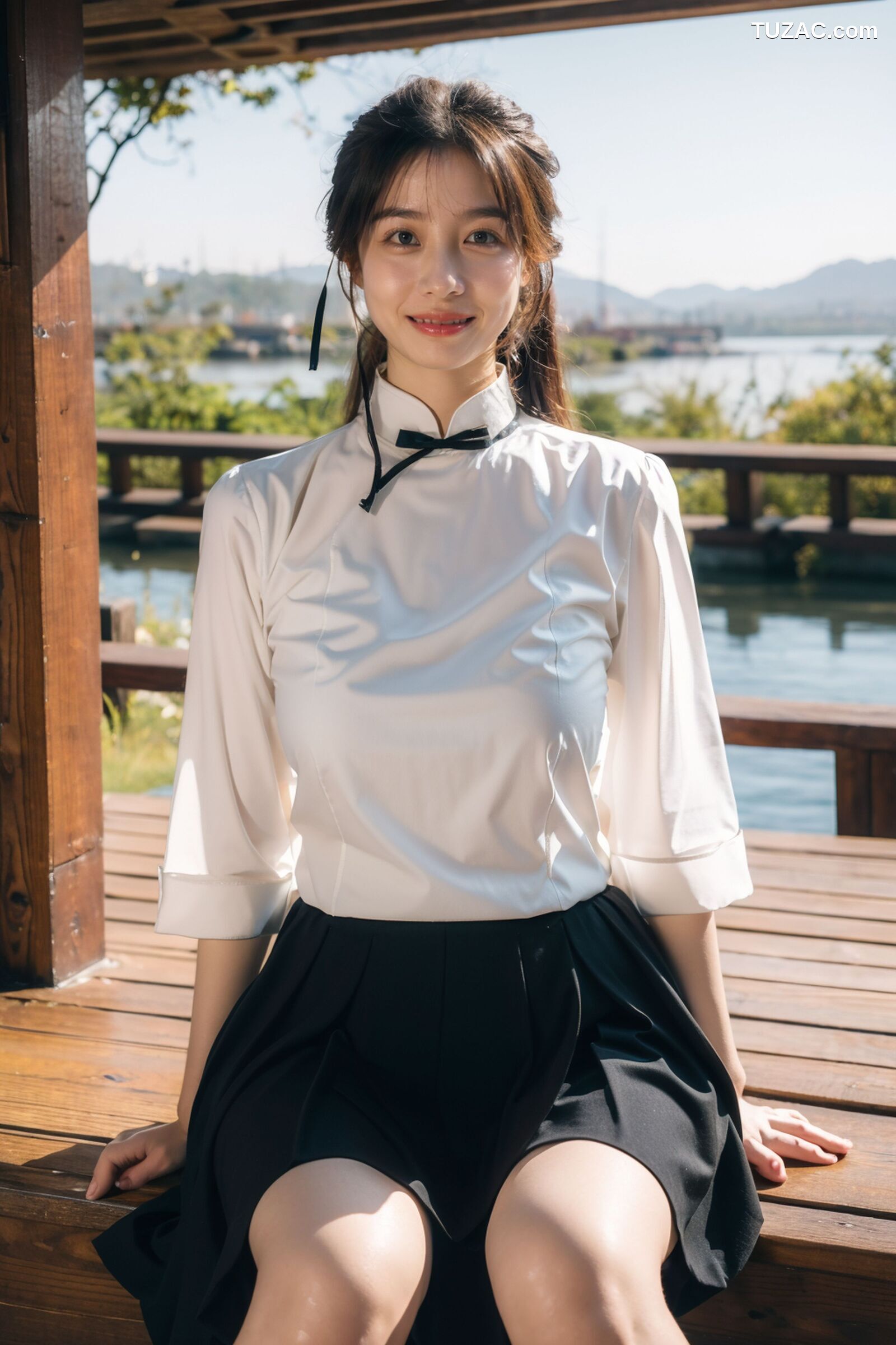 AI美女-拟实-民国风白衫长裙户外河边