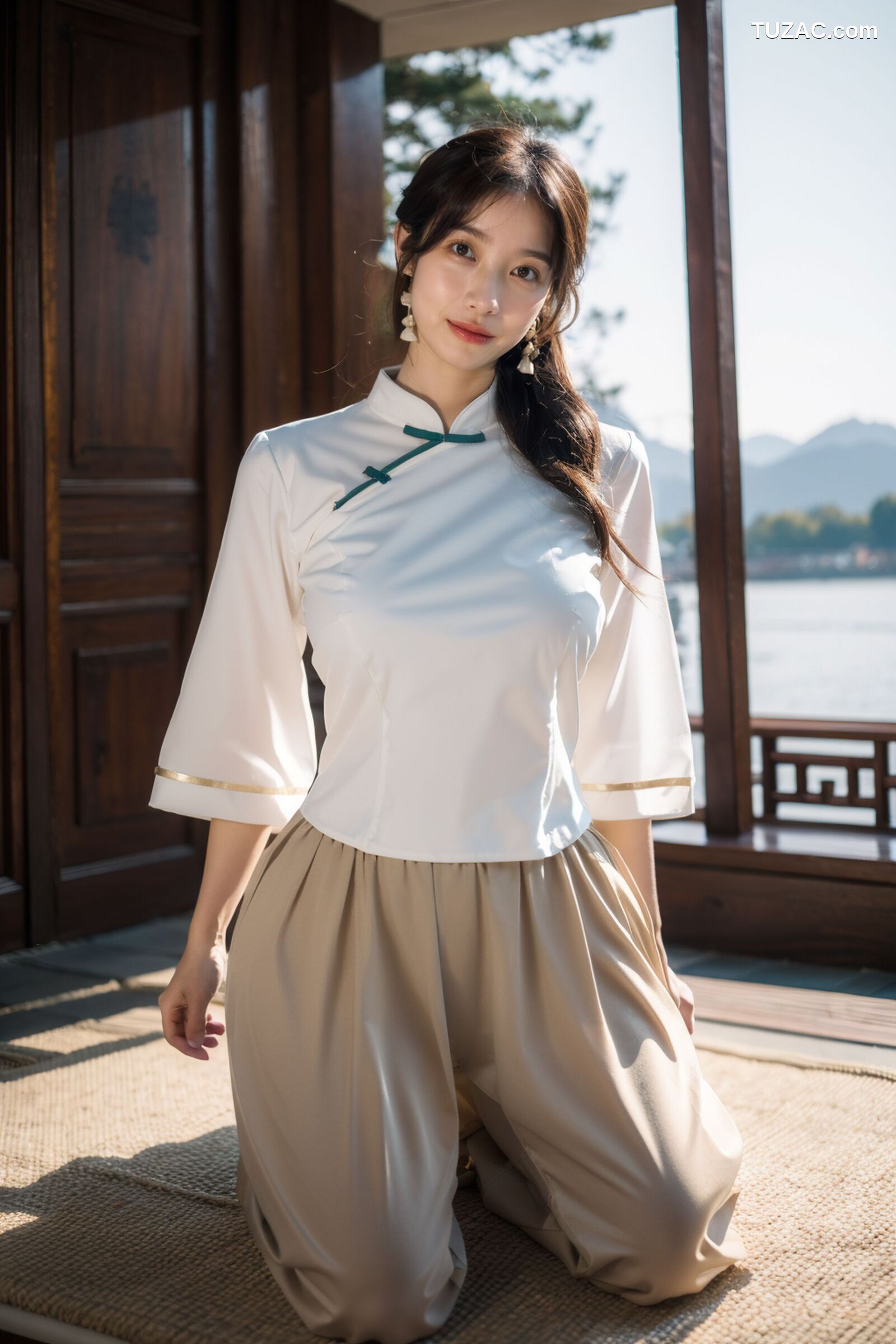 AI美女-拟实-民国风白衫长裙户外河边
