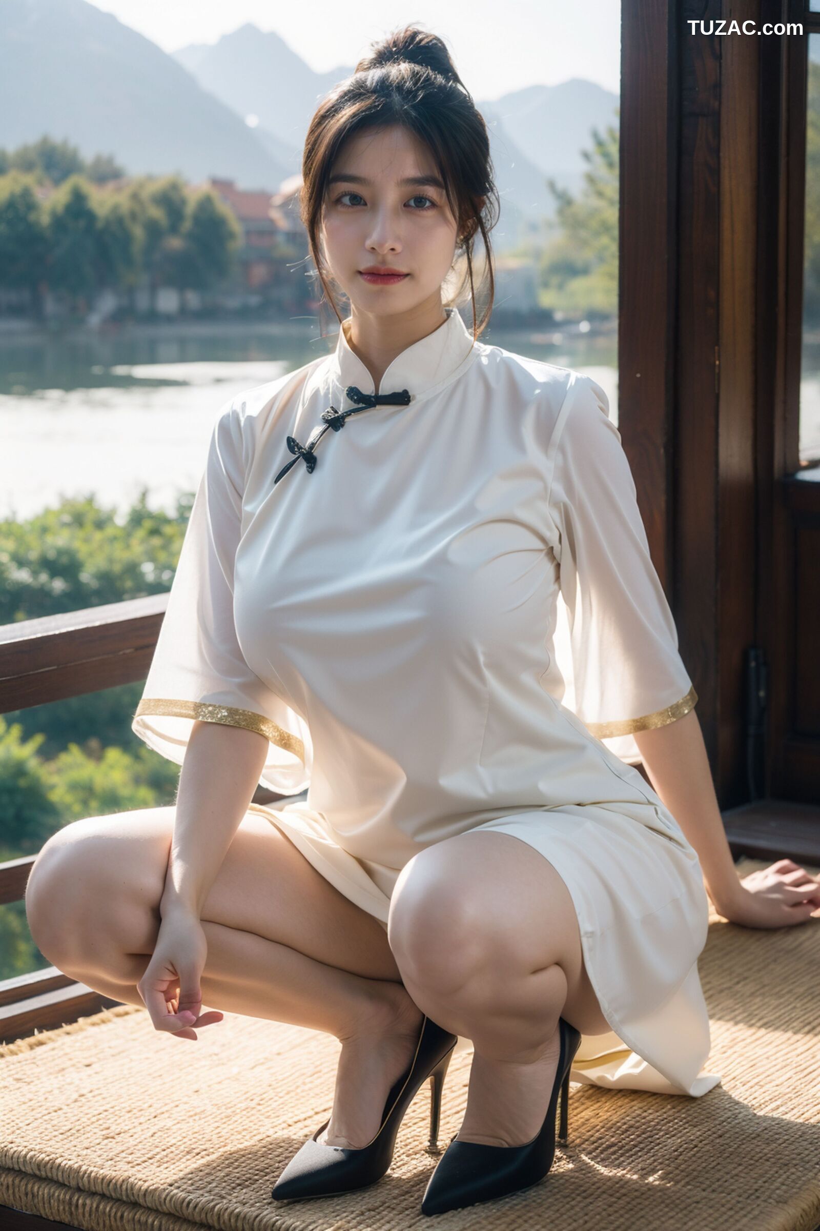 AI美女-拟实-民国风白衫长裙户外河边