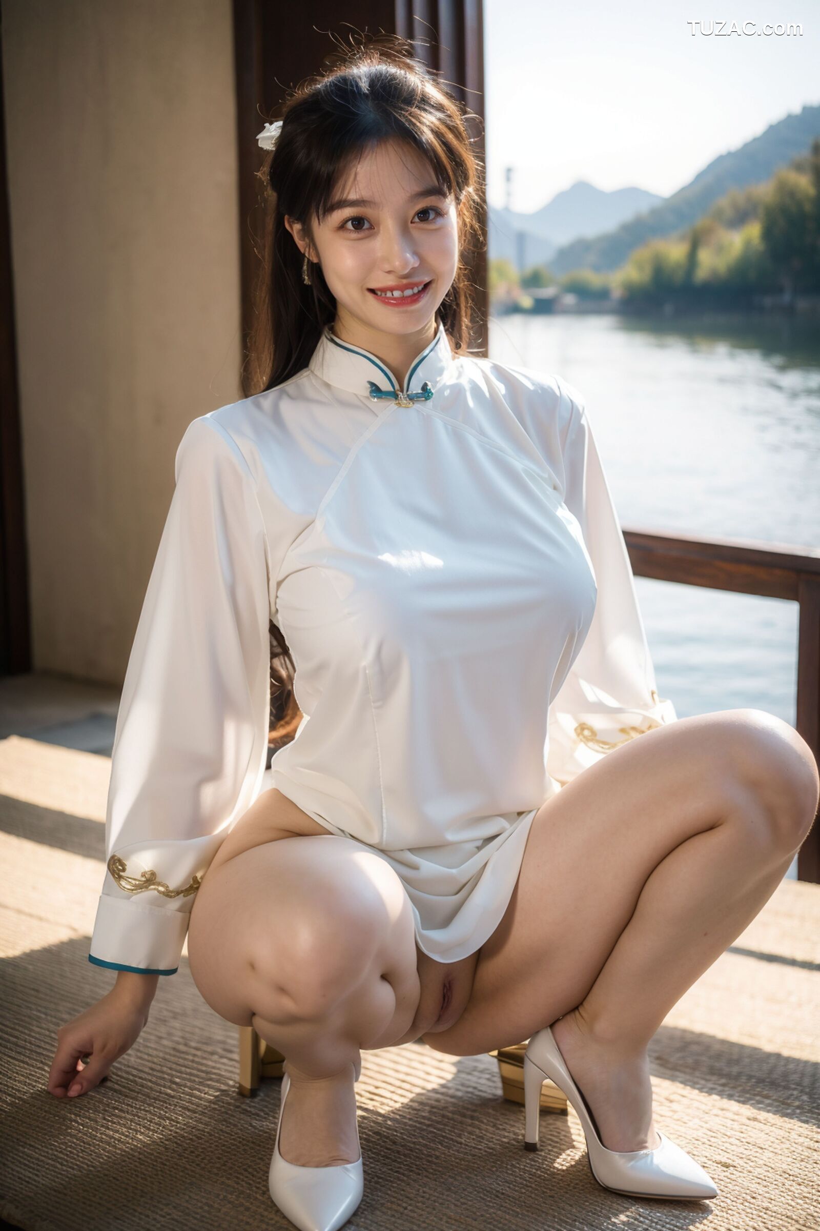 AI美女-拟实-民国风白衫长裙户外河边