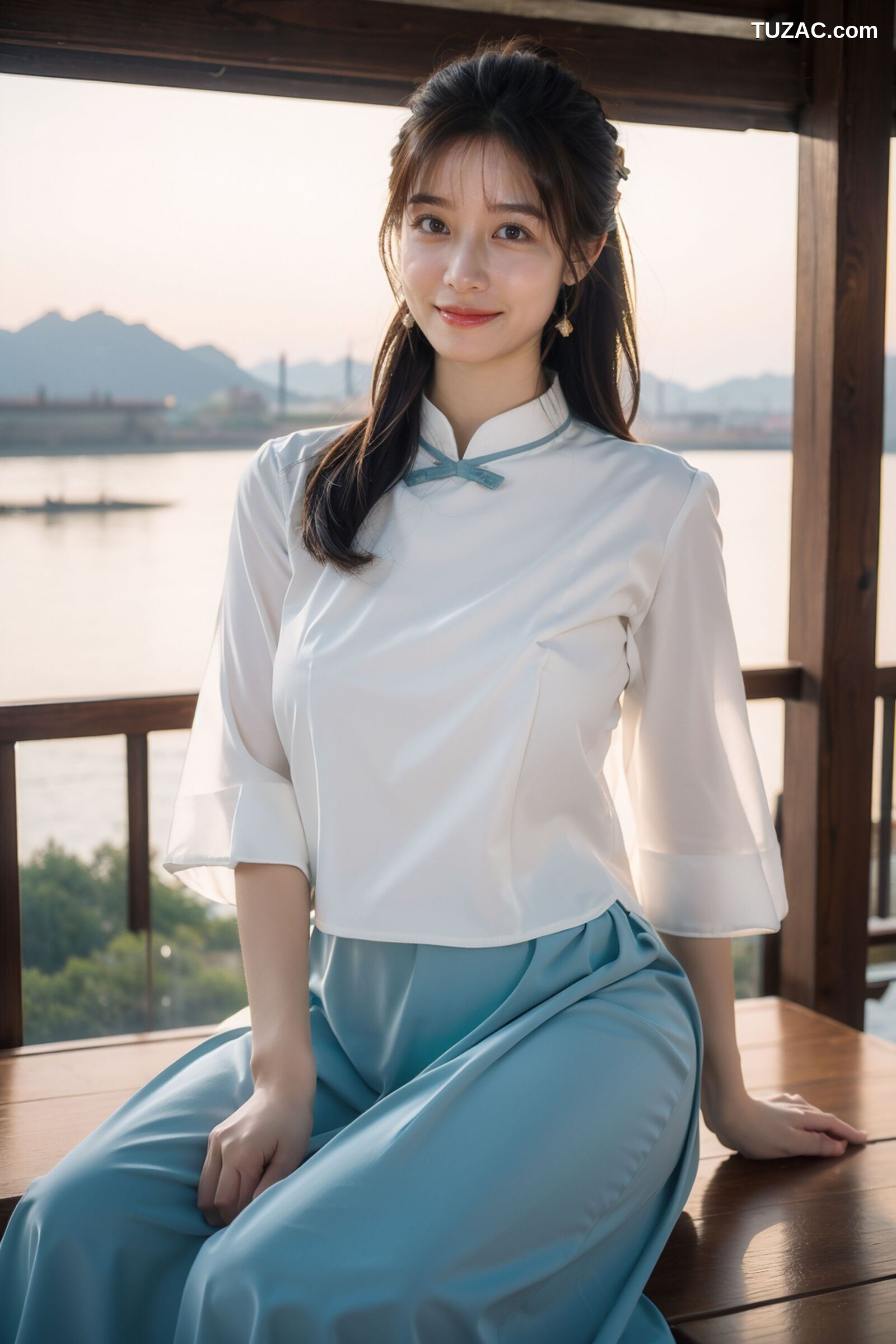 AI美女-拟实-民国风白衫长裙户外河边