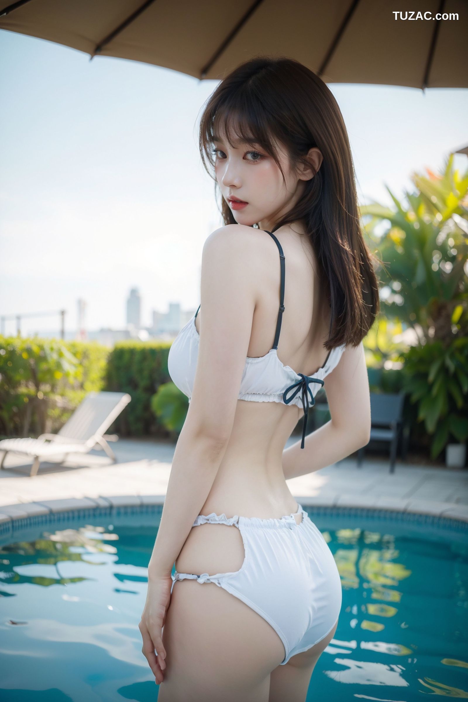 AI美女-拟实-泳池边的比基尼美女