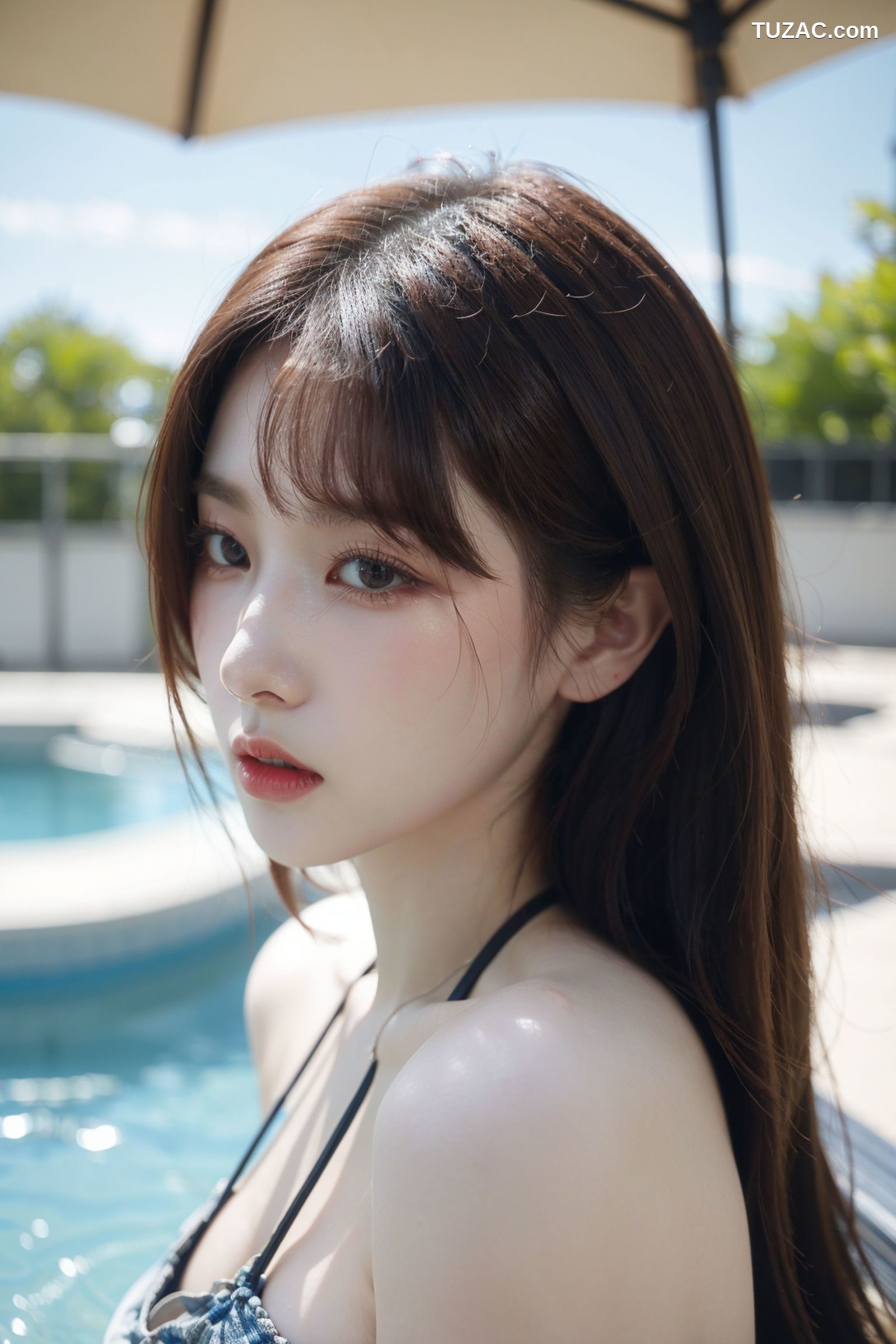 AI美女-拟实-泳池边的比基尼美女