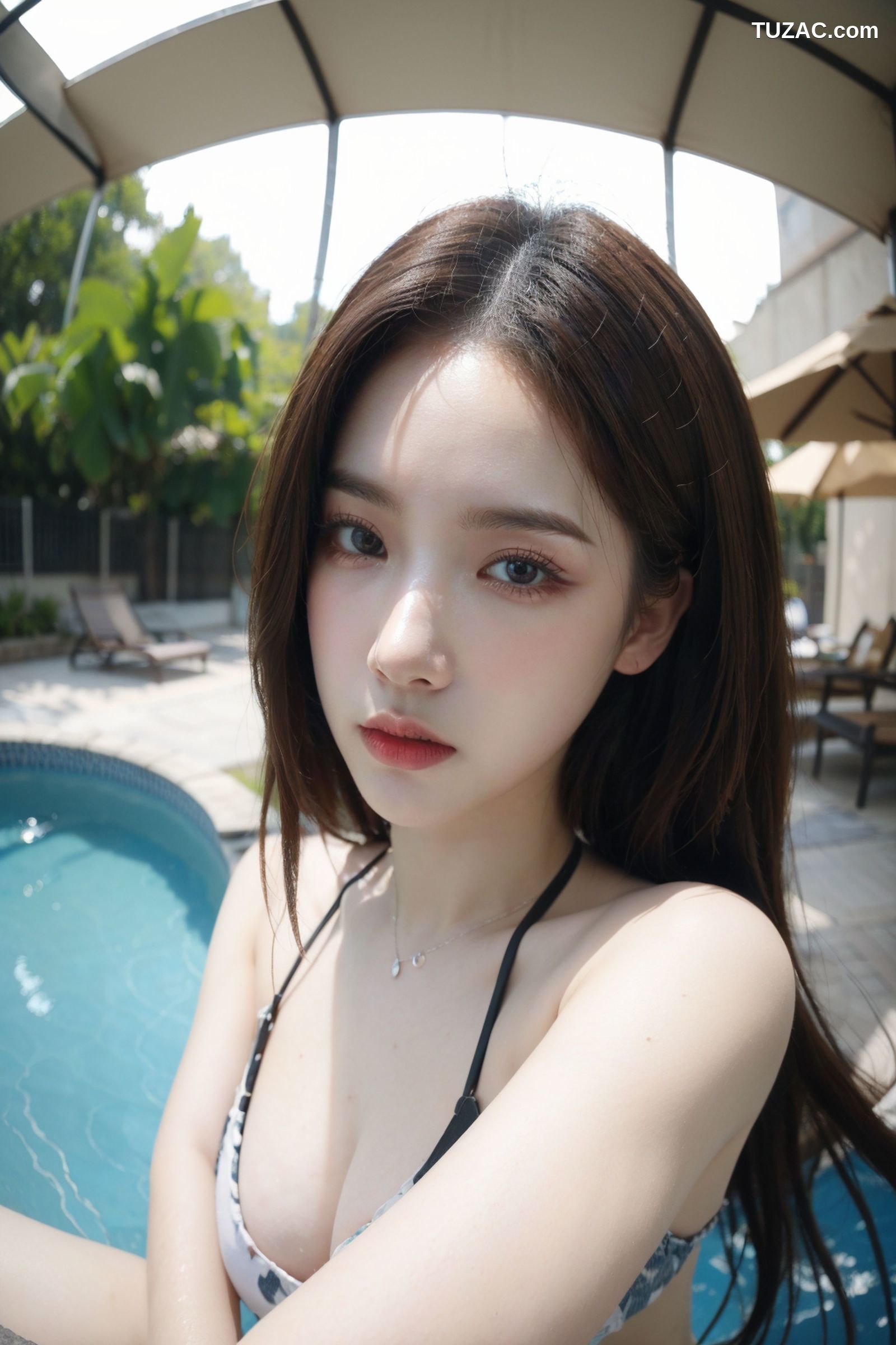 AI美女-拟实-泳池边的比基尼美女