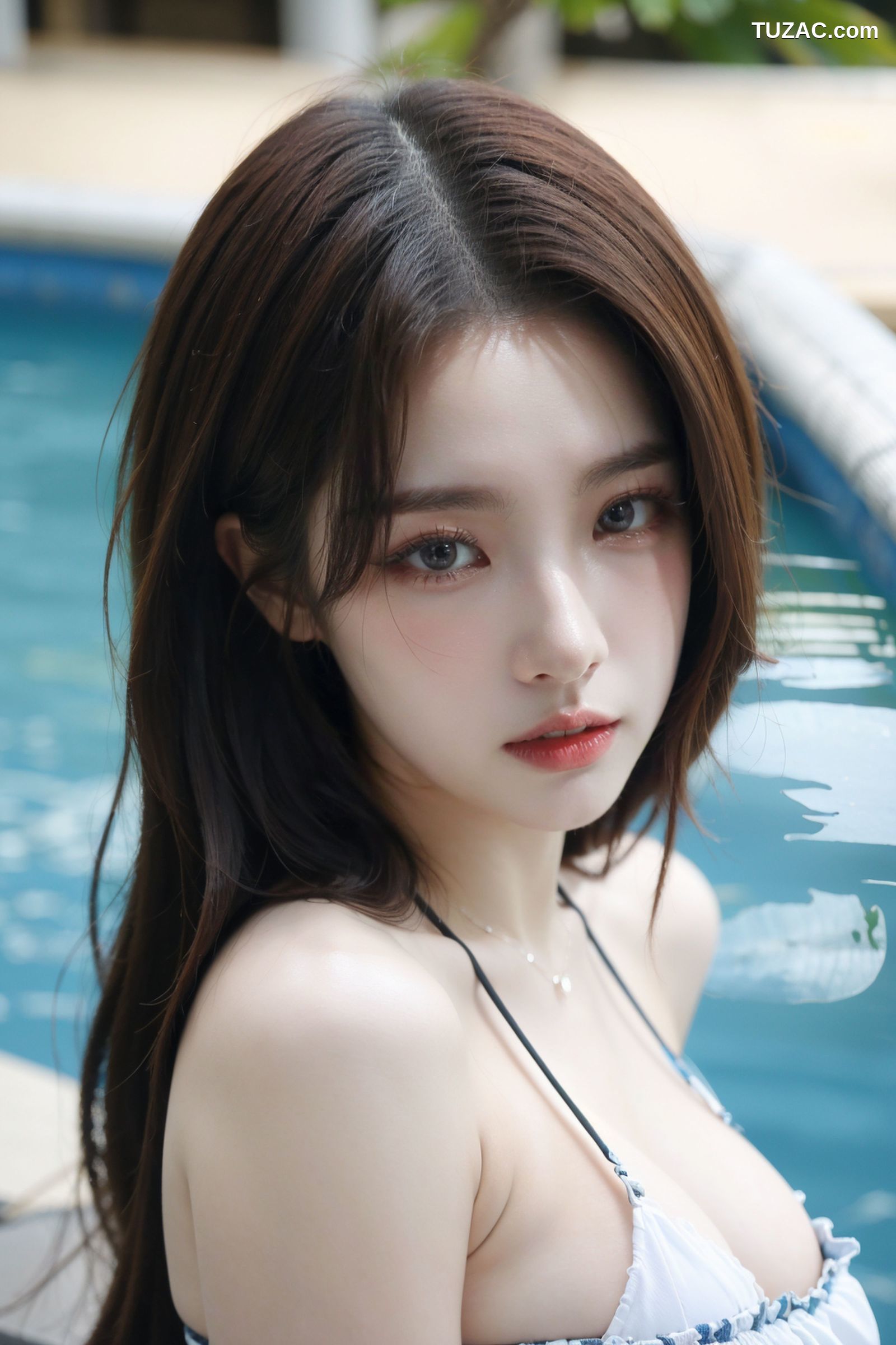 AI美女-拟实-泳池边的比基尼美女