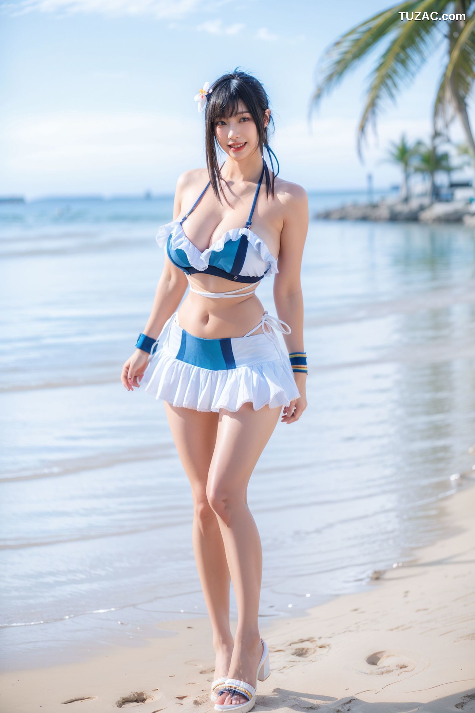 AI美女-拟实-海边的花漾少女蓝白比基尼