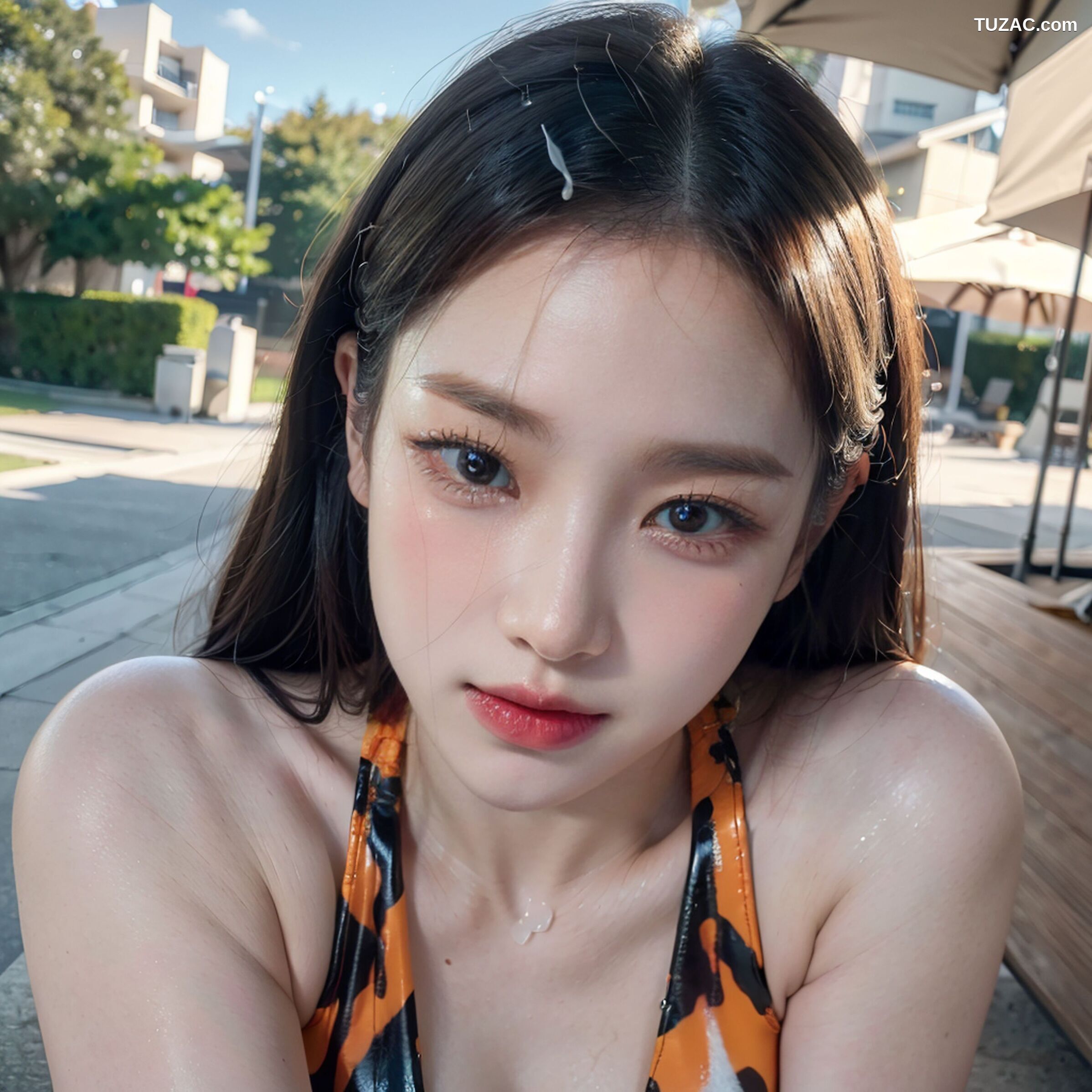 AI美女-拟实-深V黑色内衣户外