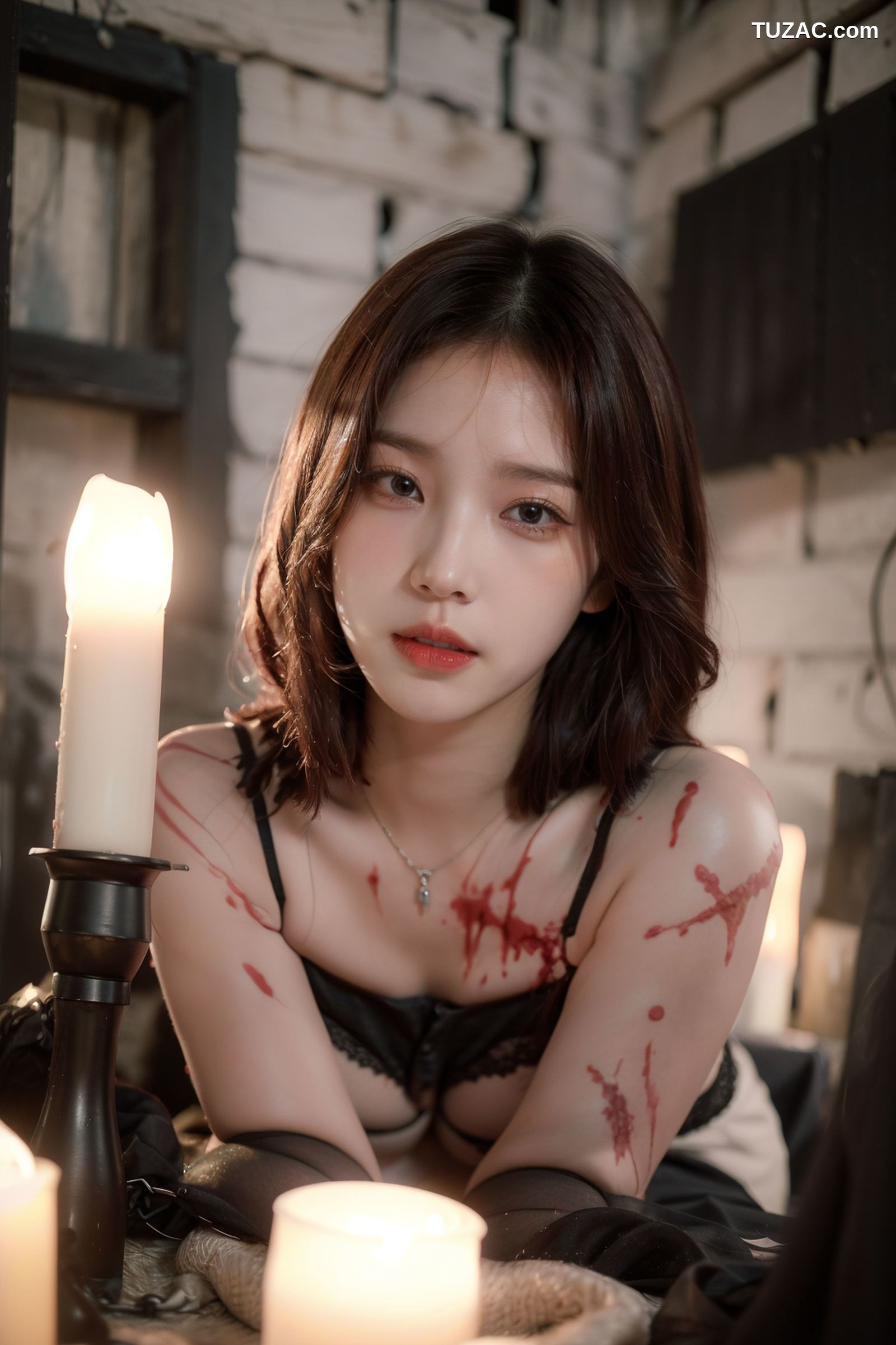 AI美女-拟实-滴蜡黑色内衣