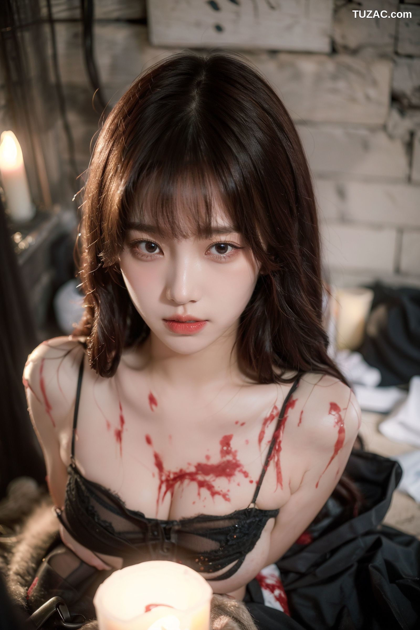 AI美女-拟实-滴蜡黑色内衣