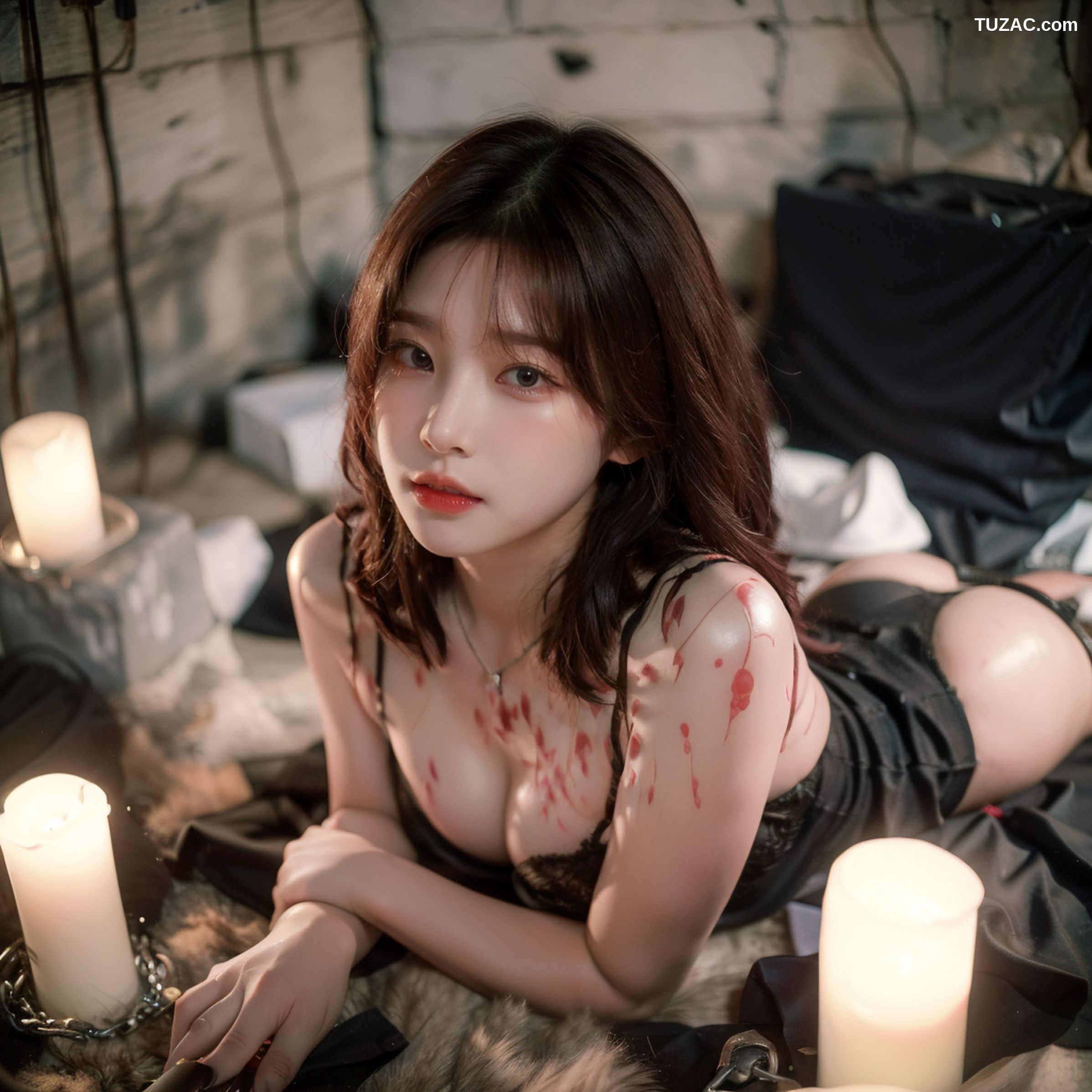 AI美女-拟实-滴蜡黑色内衣