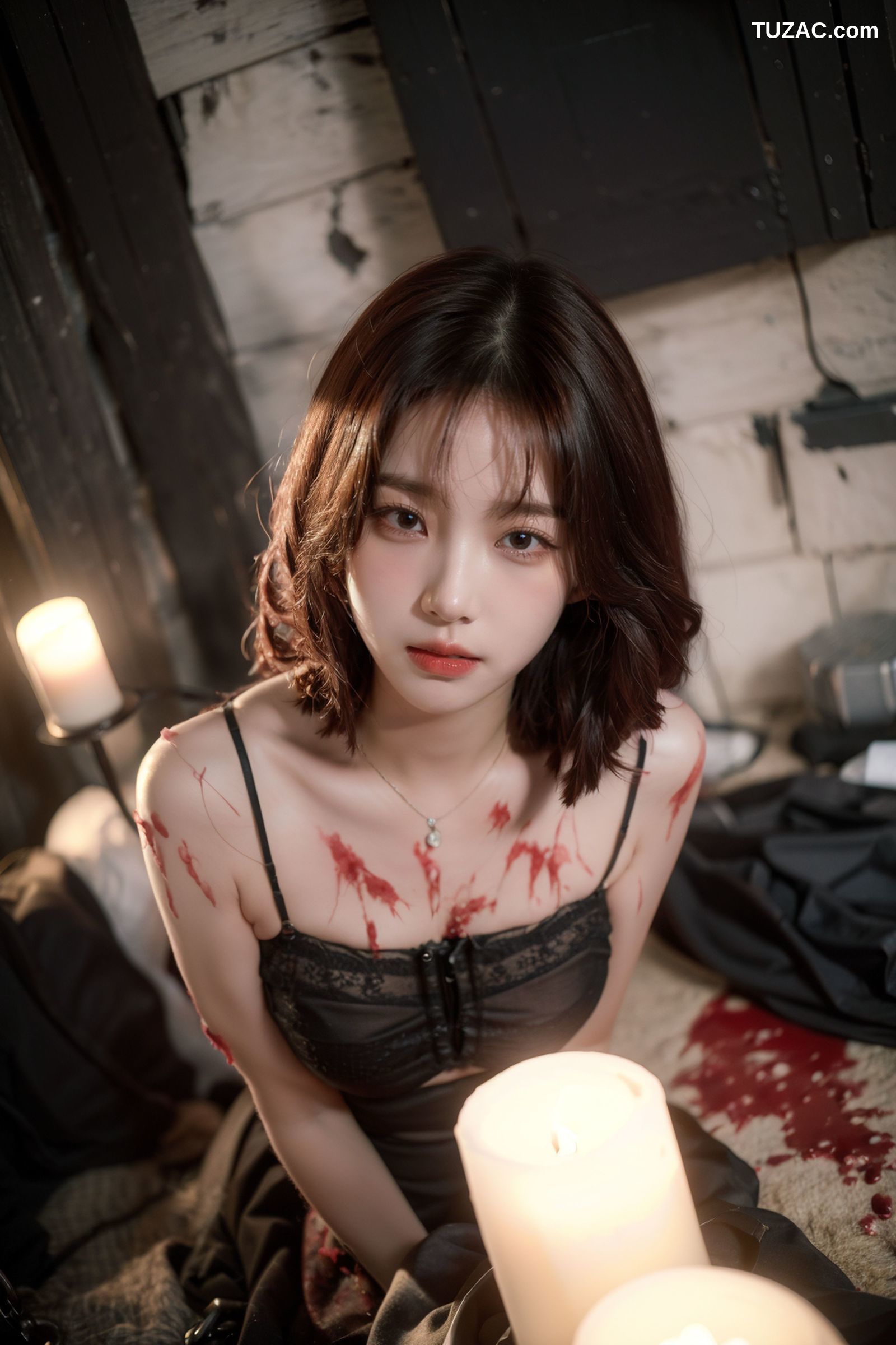 AI美女-拟实-滴蜡黑色内衣