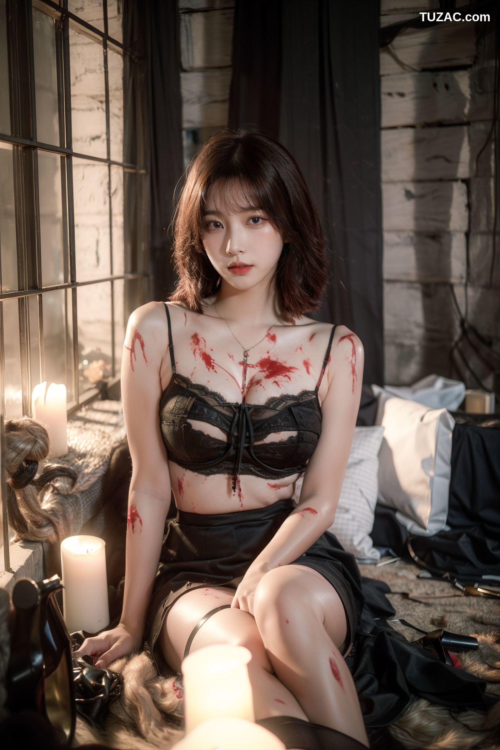 AI美女-拟实-滴蜡黑色内衣