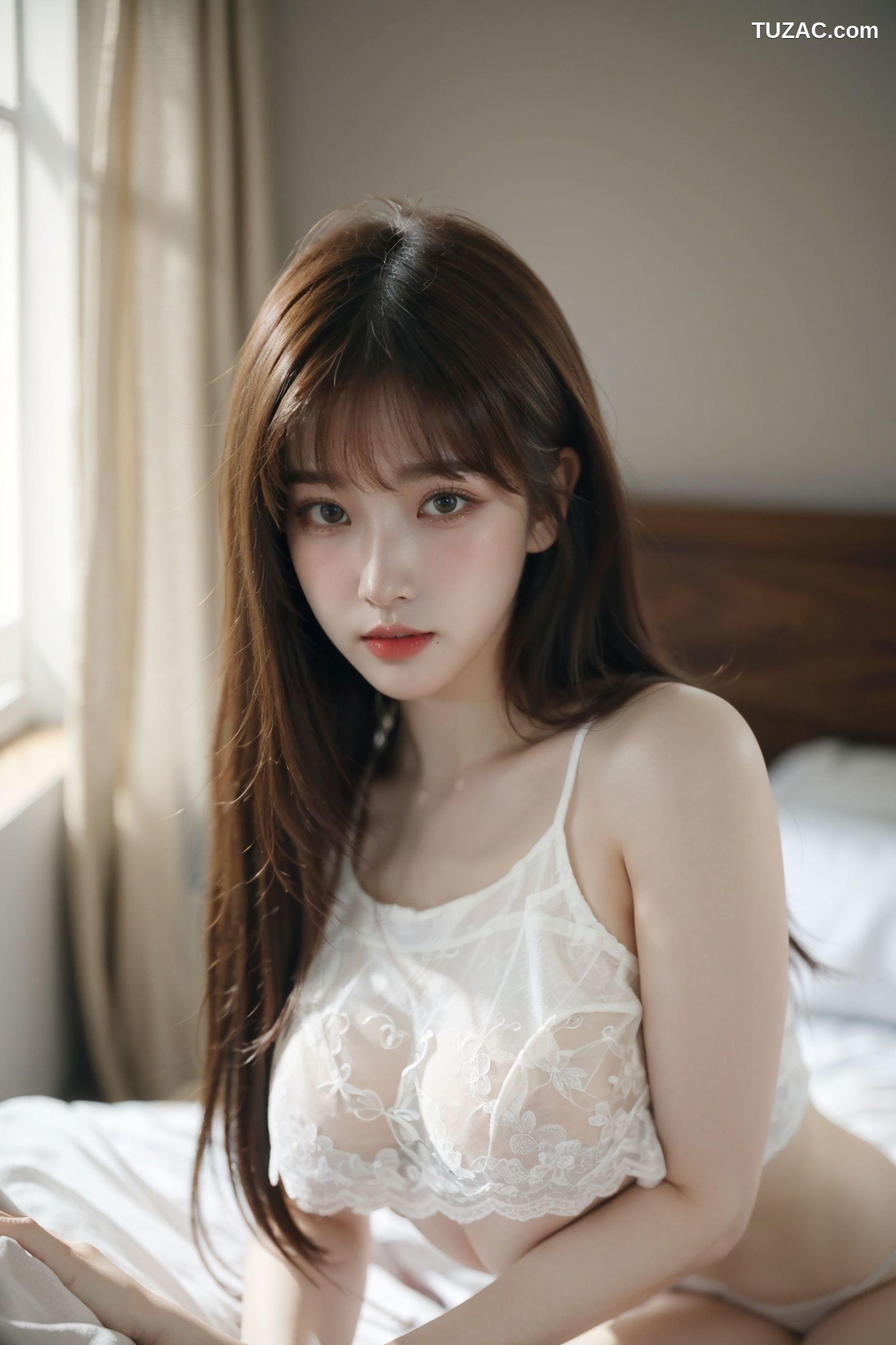 AI美女-拟实-白色蕾丝内衣美女