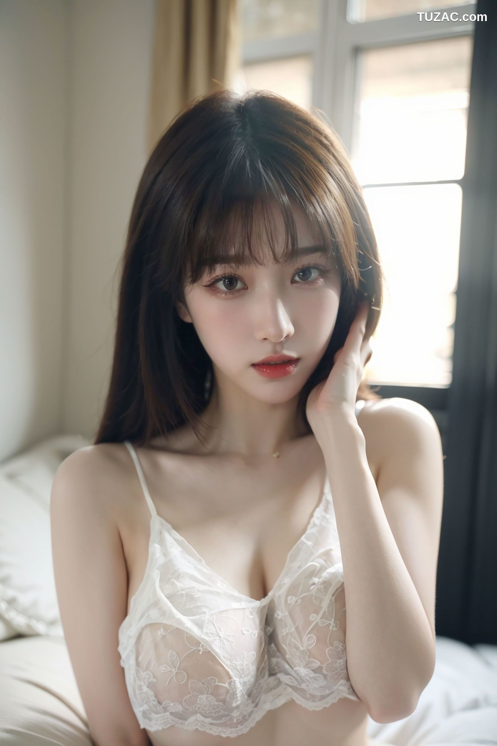 AI美女-拟实-白色蕾丝内衣美女