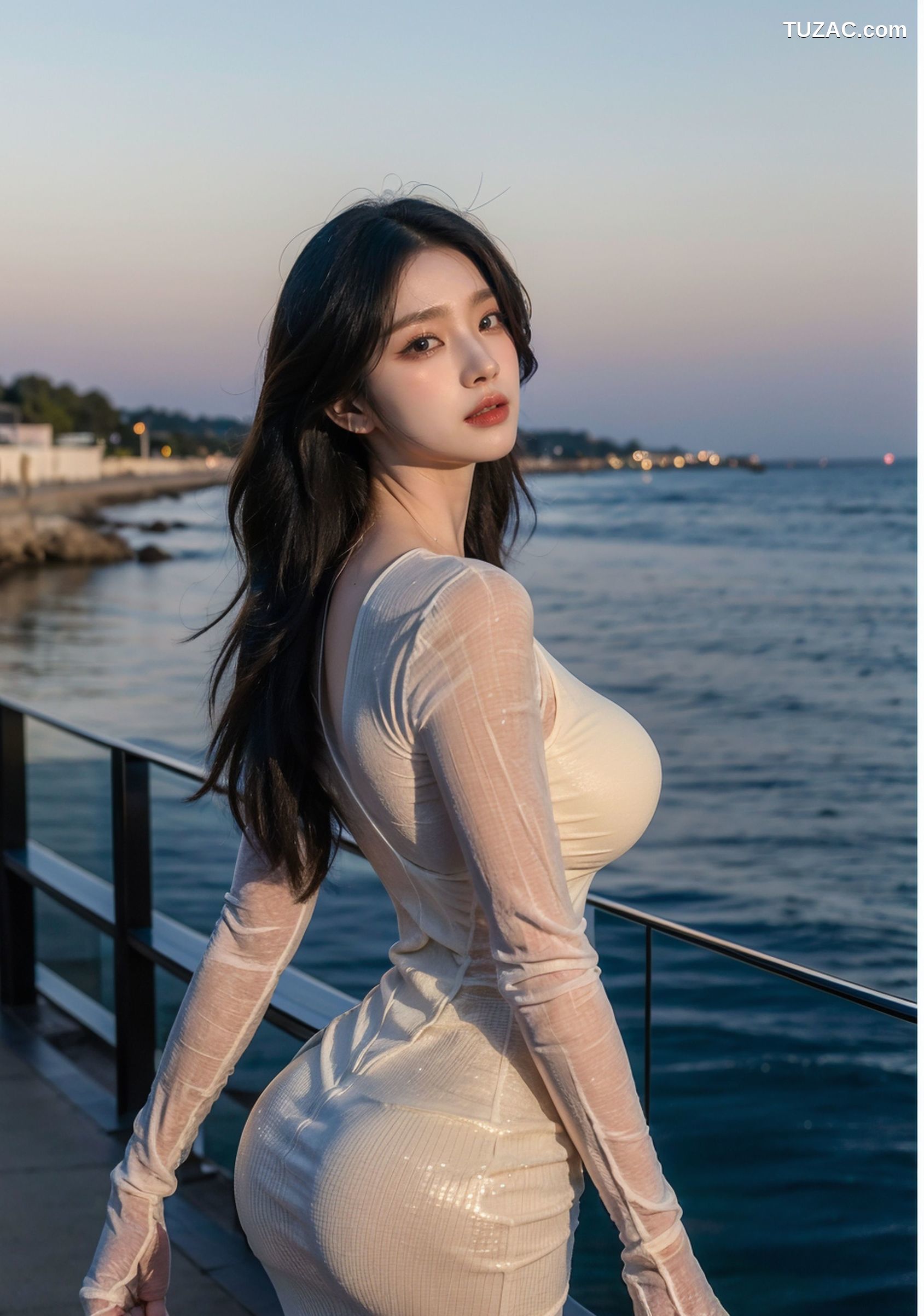 AI美女-拟实-白色连衣裙-户外海边