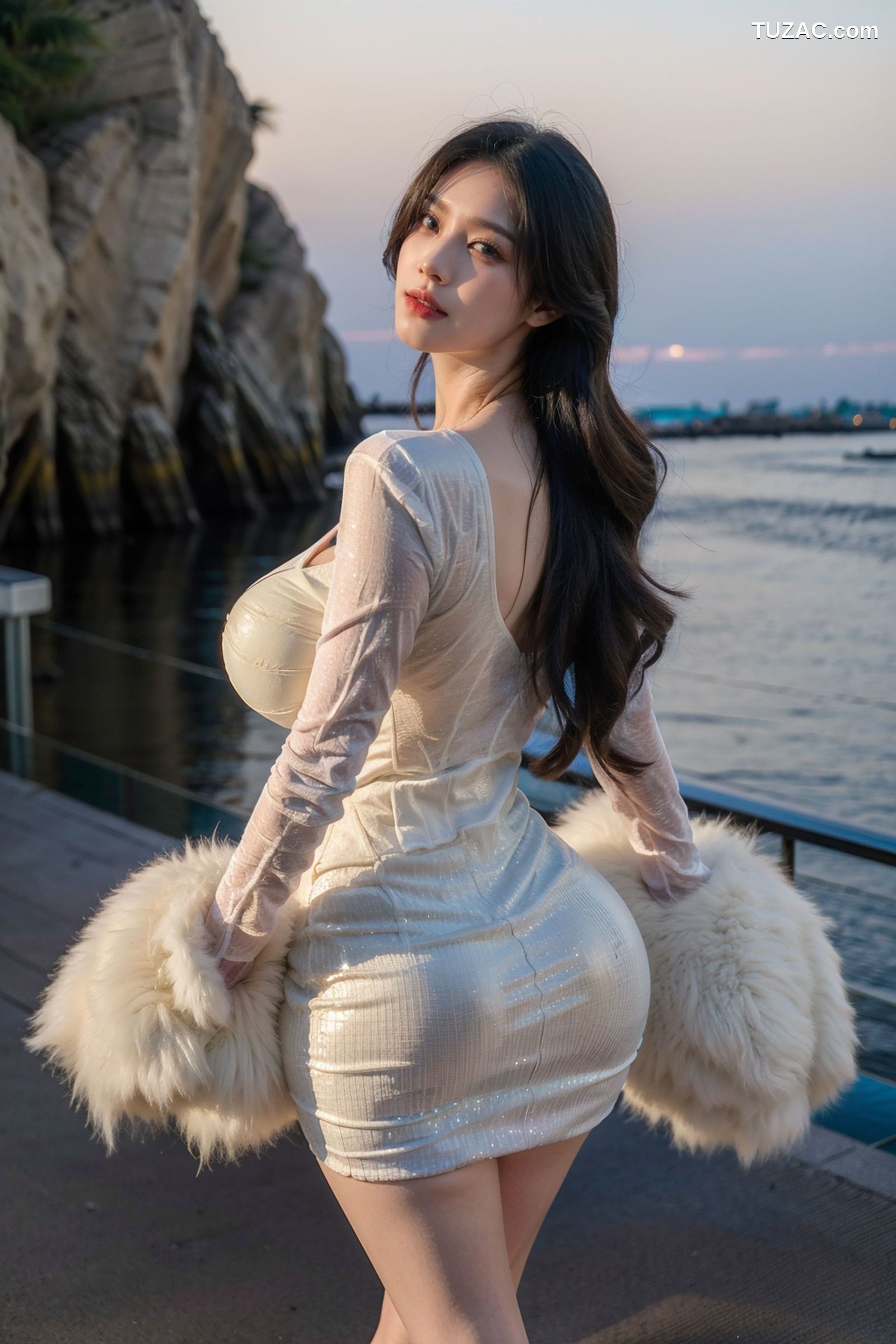 AI美女-拟实-白色连衣裙-户外海边