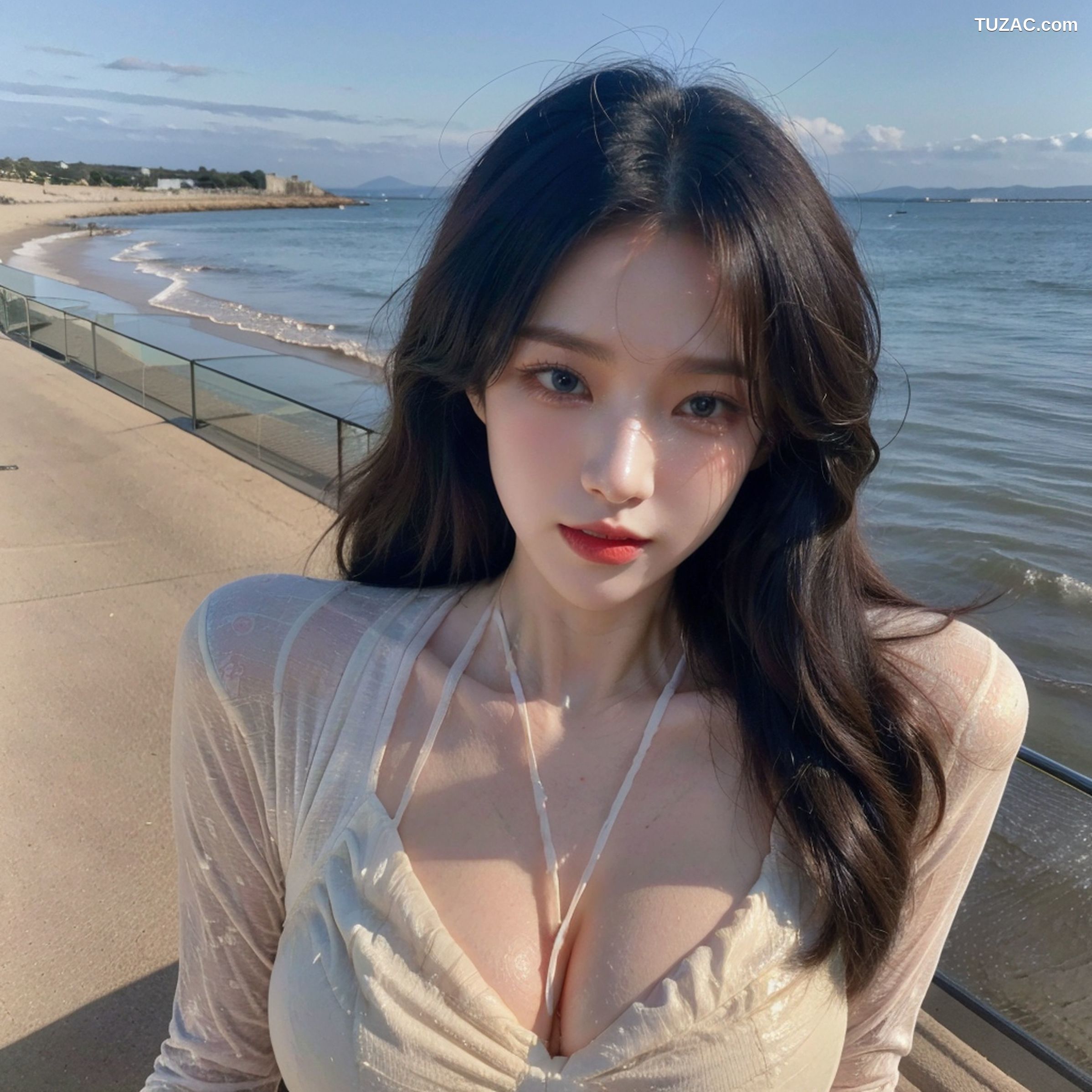 AI美女-拟实-白色连衣裙-户外海边