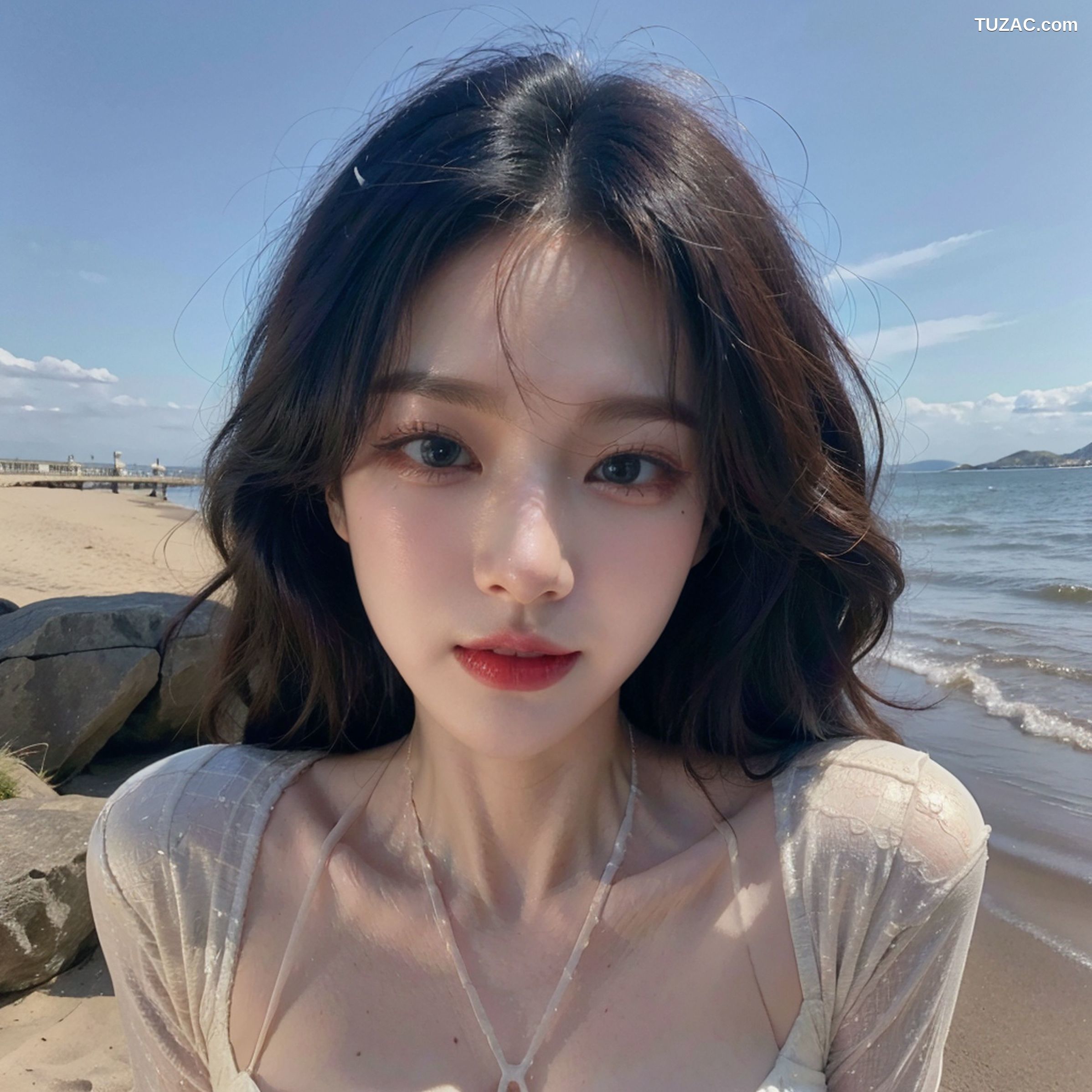 AI美女-拟实-白色连衣裙-户外海边