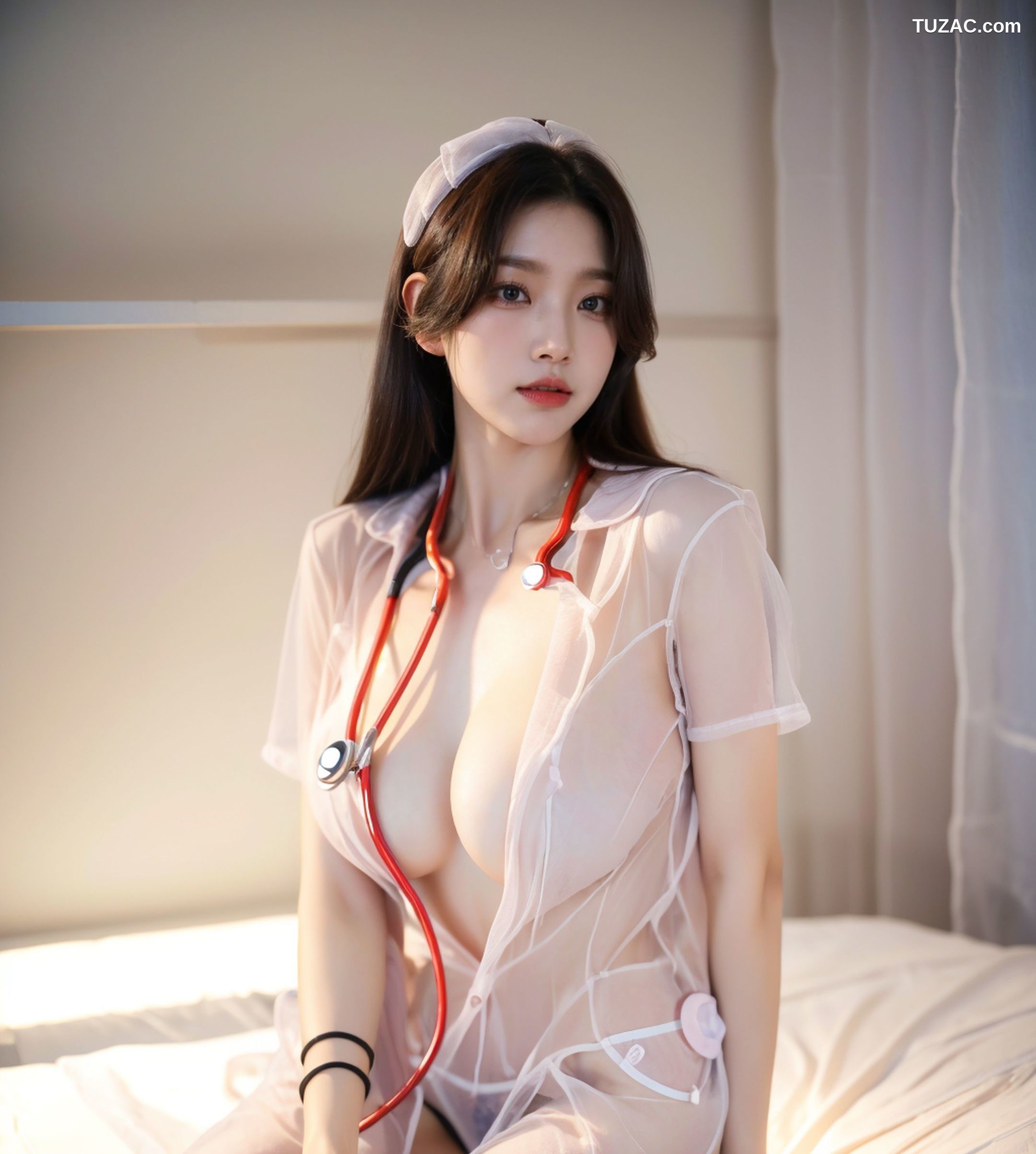 AI美女-拟实-白色透视护士装