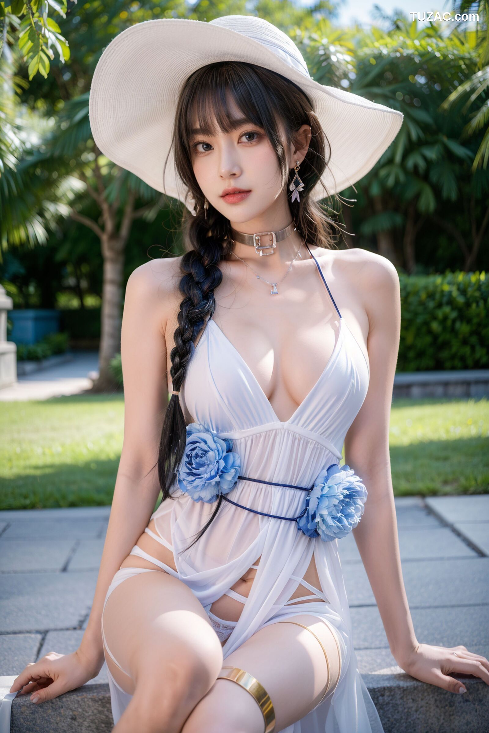 AI美女-拟实-白色遮阳帽的美女-户外