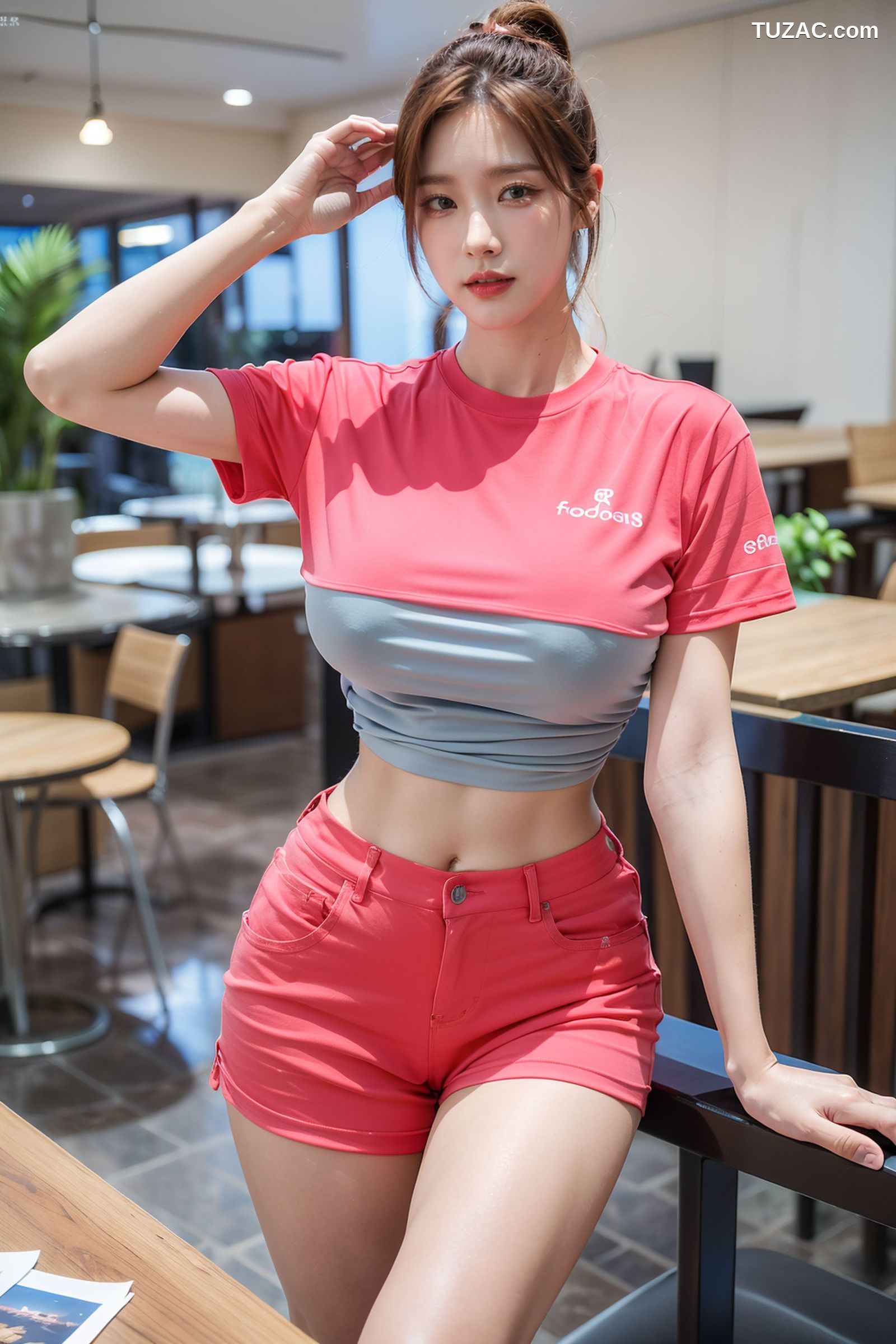 AI美女-拟实-粉T恤短裤美女