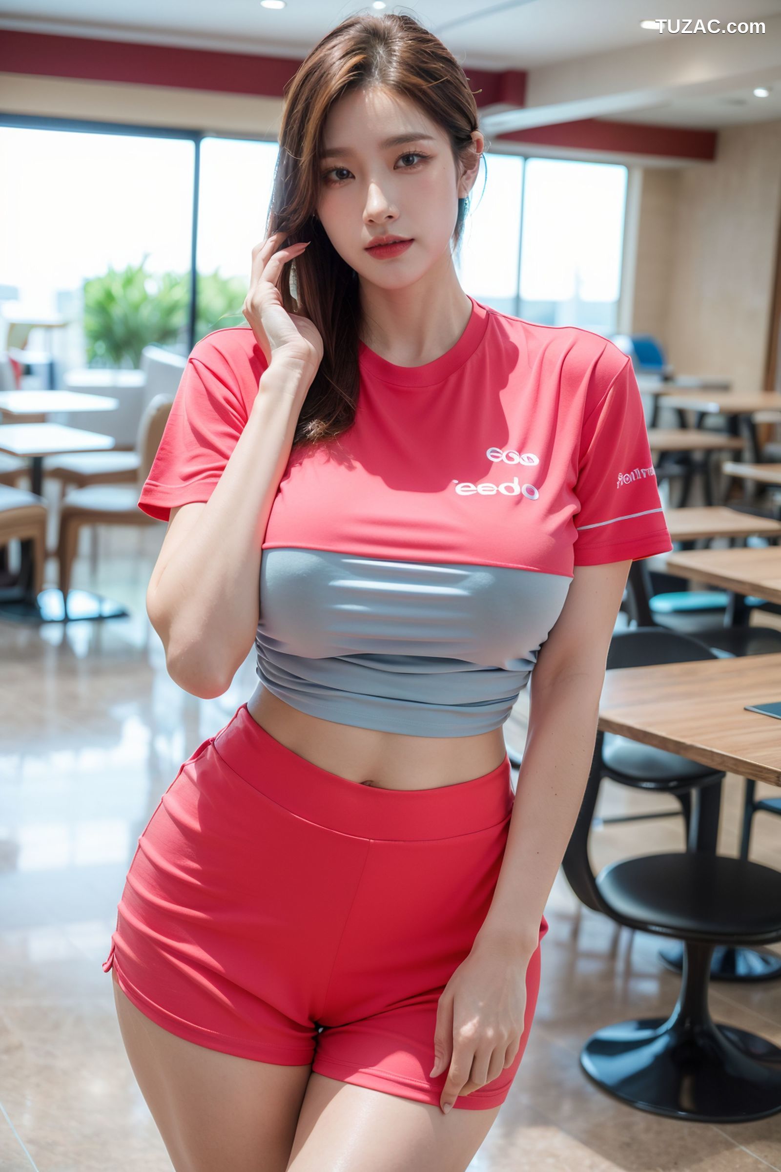 AI美女-拟实-粉T恤短裤美女