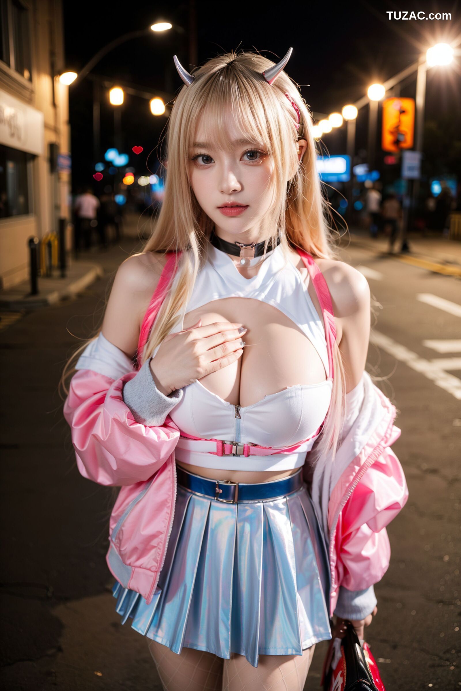 AI美女-拟实-粉衣银色短裙小恶魔-纯净版-夜色街拍