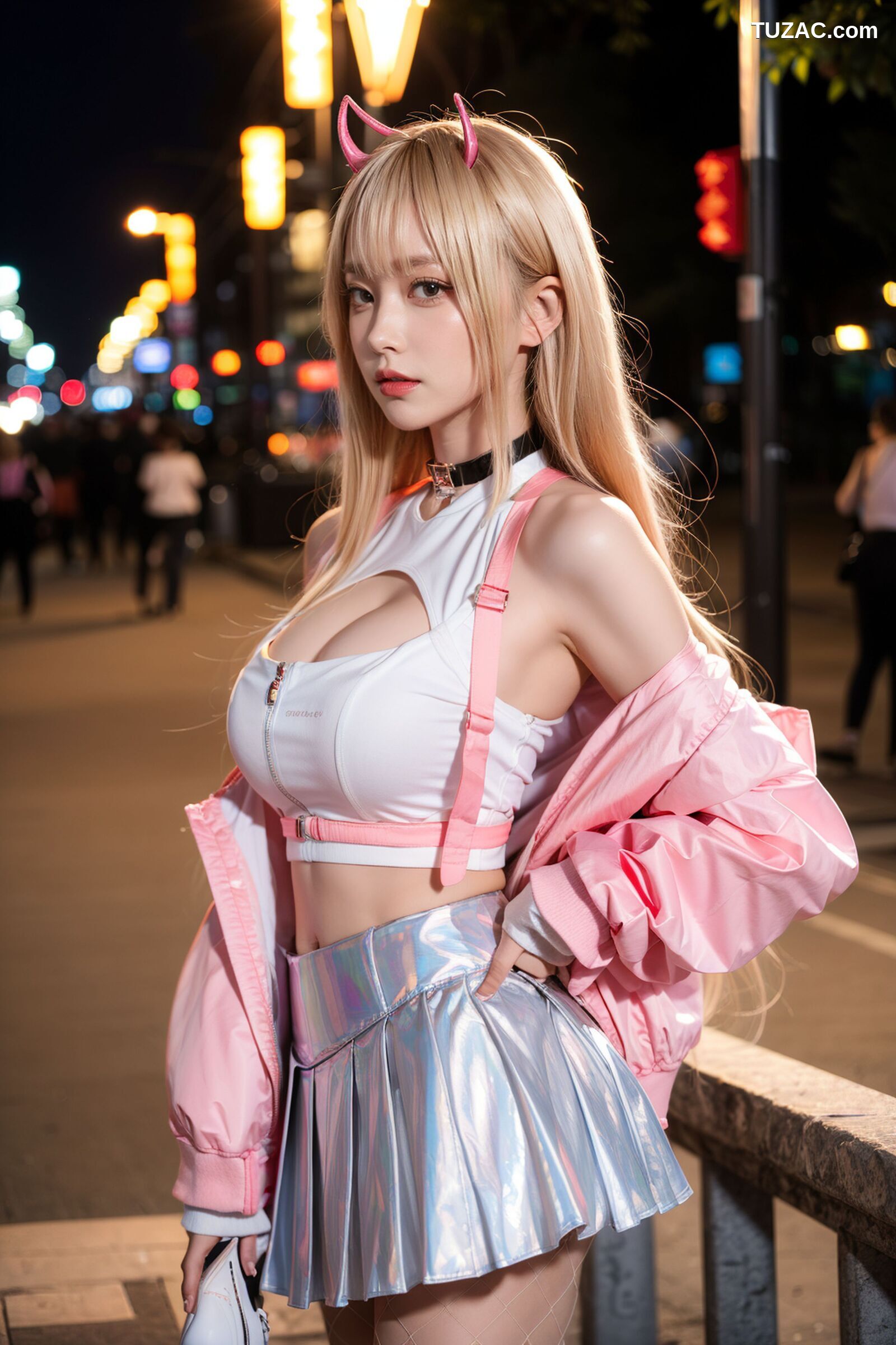 AI美女-拟实-粉衣银色短裙小恶魔-纯净版-夜色街拍