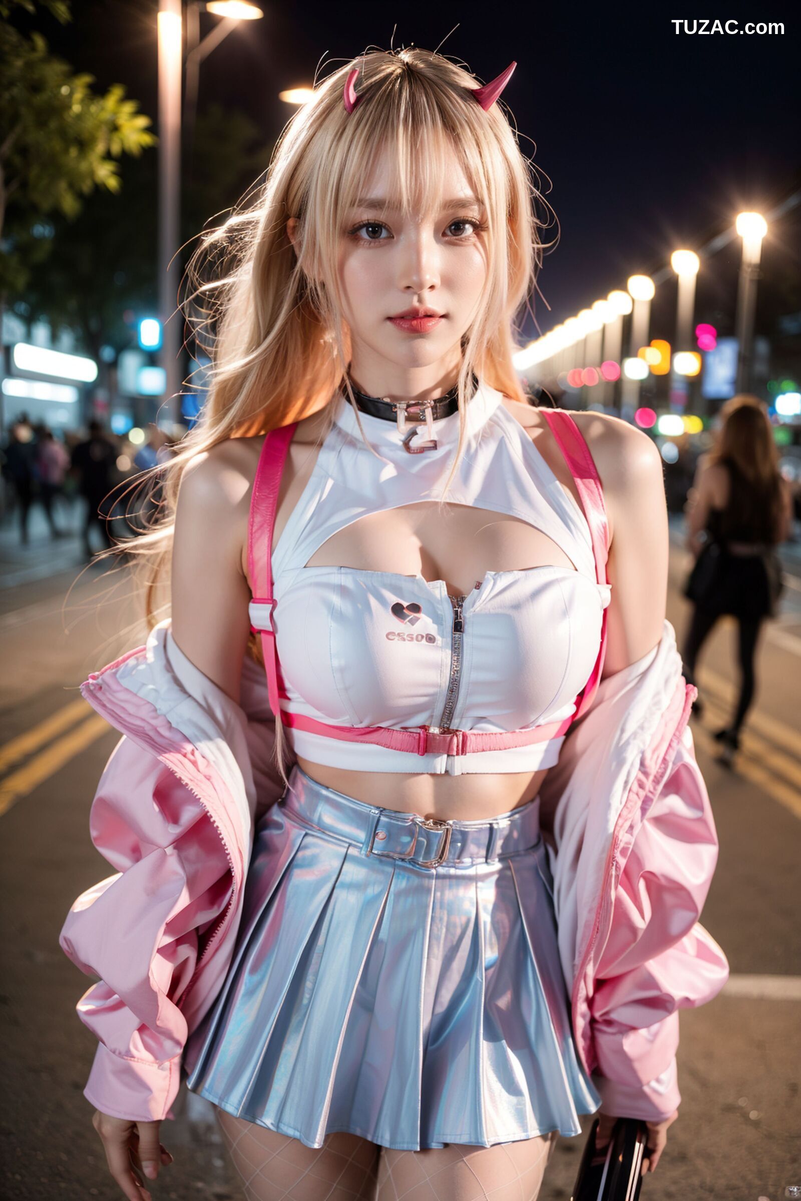 AI美女-拟实-粉衣银色短裙小恶魔-纯净版-夜色街拍