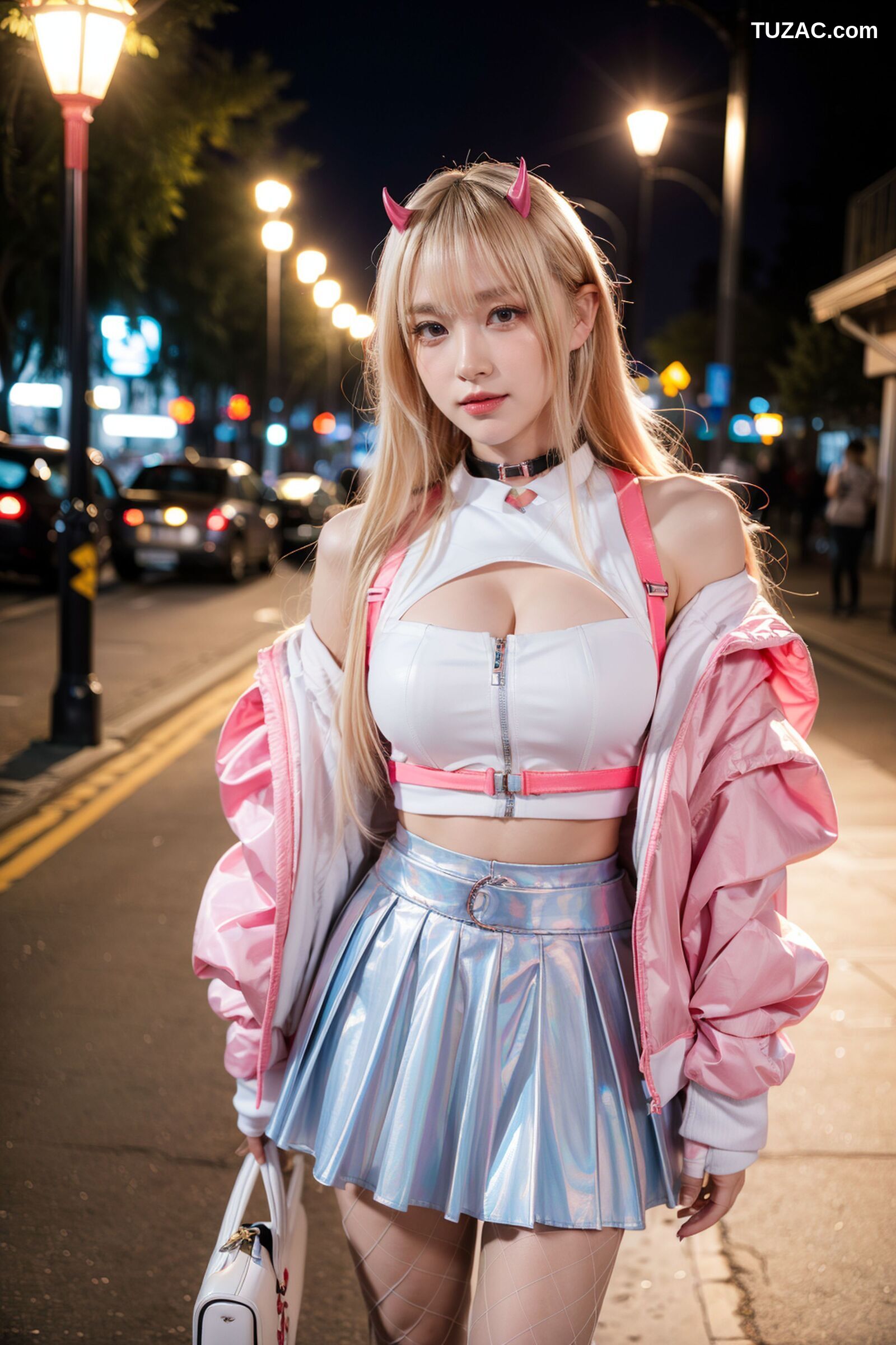 AI美女-拟实-粉衣银色短裙小恶魔-纯净版-夜色街拍