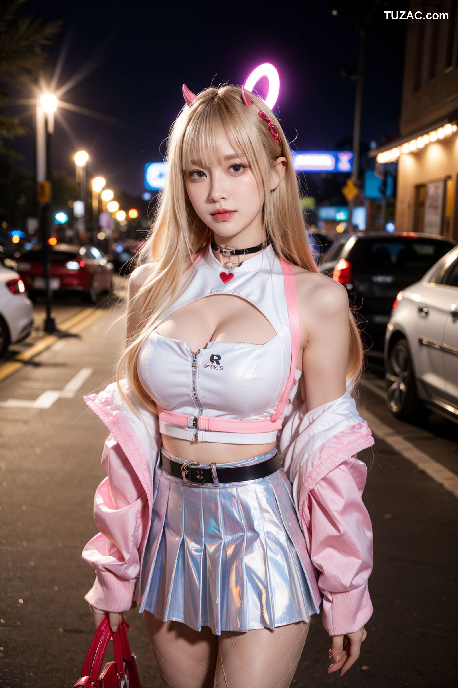 AI美女-拟实-粉衣银色短裙小恶魔-纯净版-夜色街拍