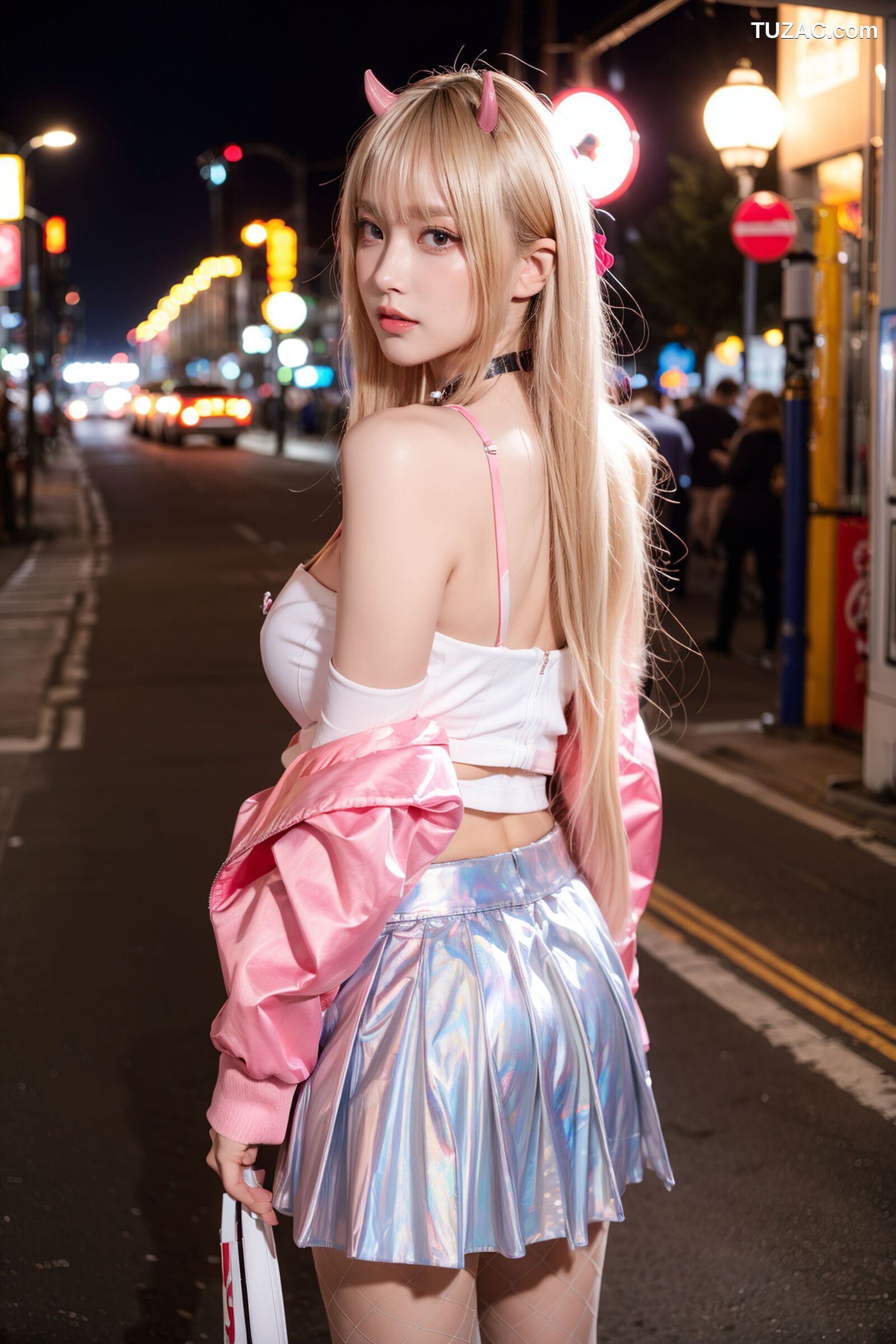 AI美女-拟实-粉衣银色短裙小恶魔-纯净版-夜色街拍