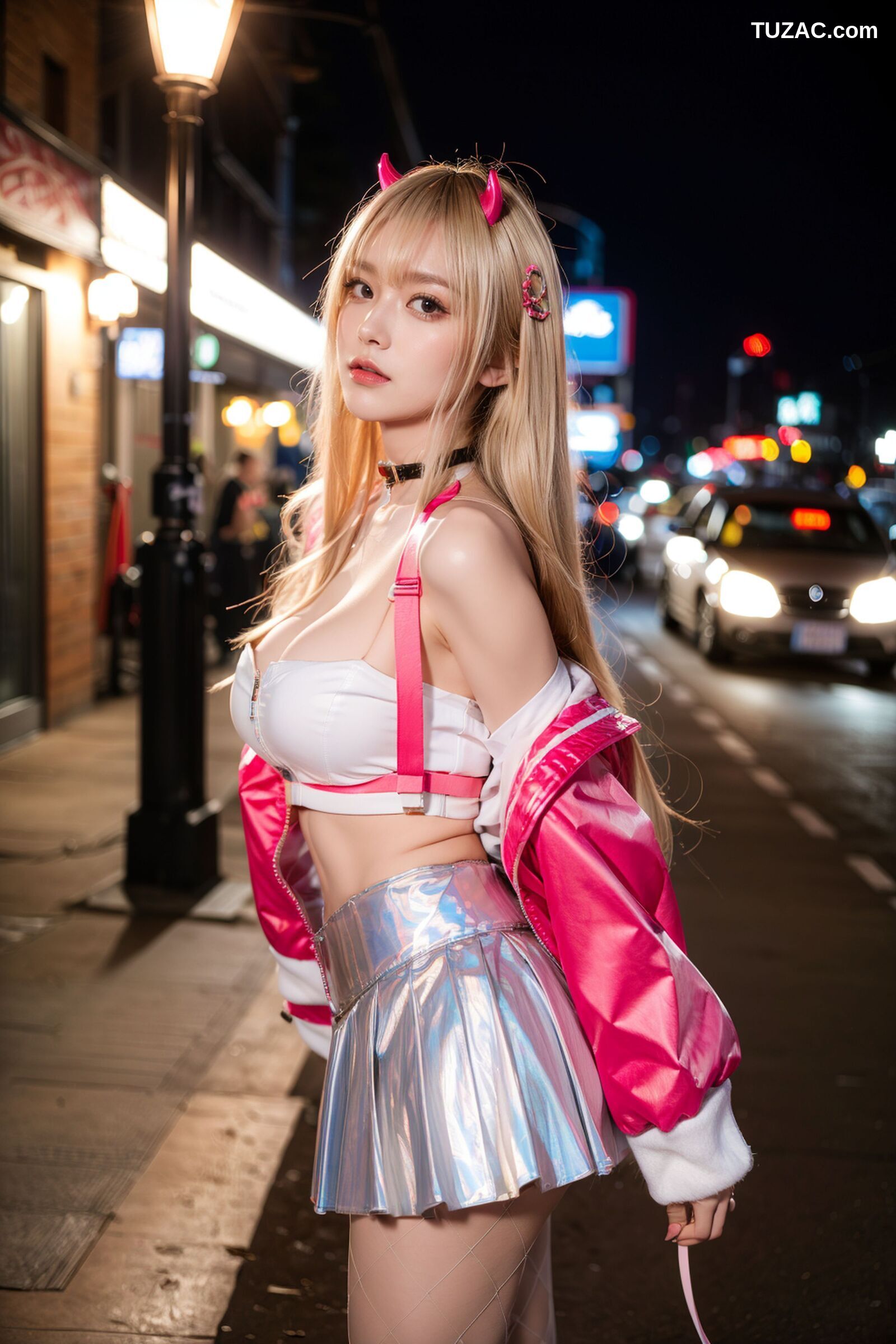 AI美女-拟实-粉衣银色短裙小恶魔-纯净版-夜色街拍
