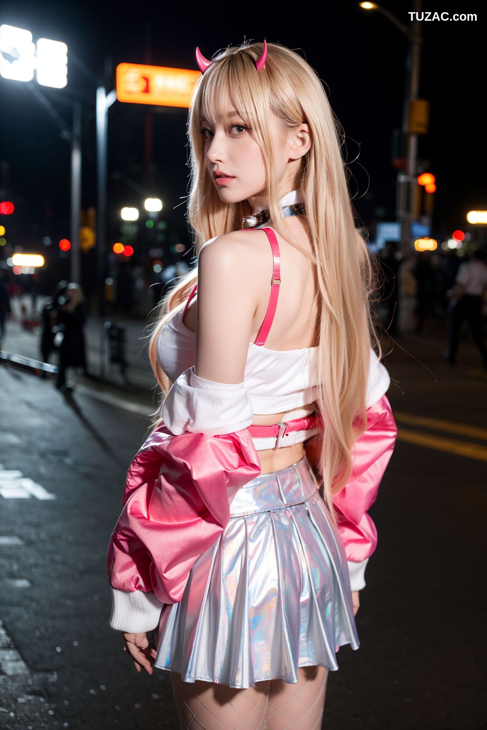 AI美女-拟实-粉衣银色短裙小恶魔-纯净版-夜色街拍