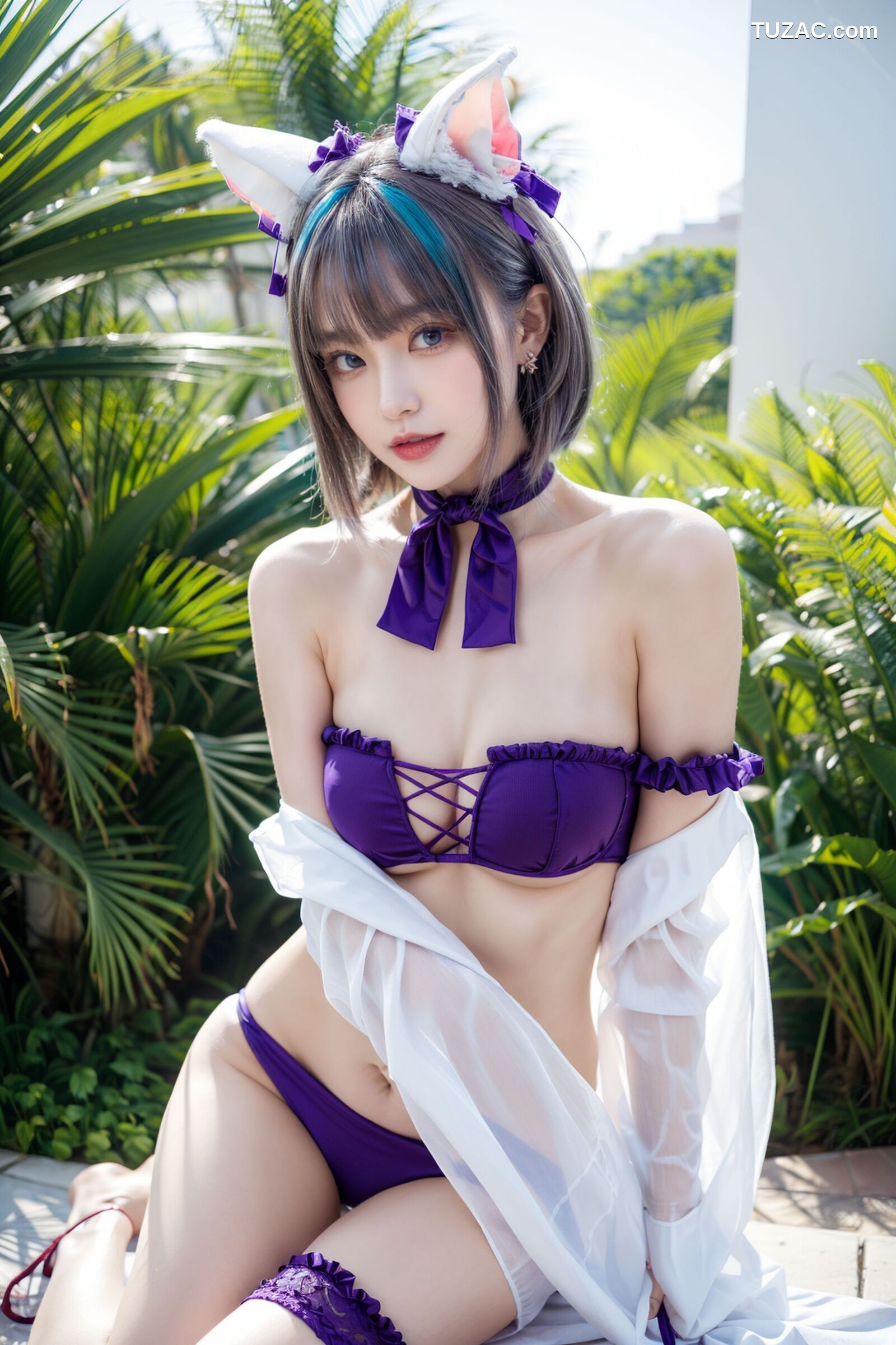 AI美女-拟实-紫色比基尼兽耳泳池场景