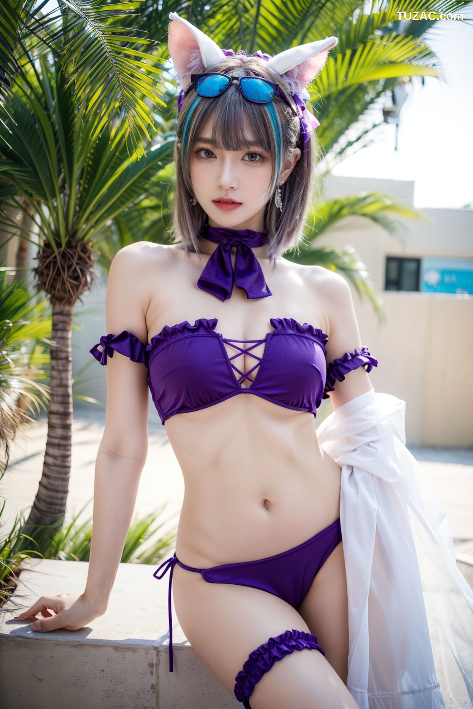 AI美女-拟实-紫色比基尼兽耳泳池场景