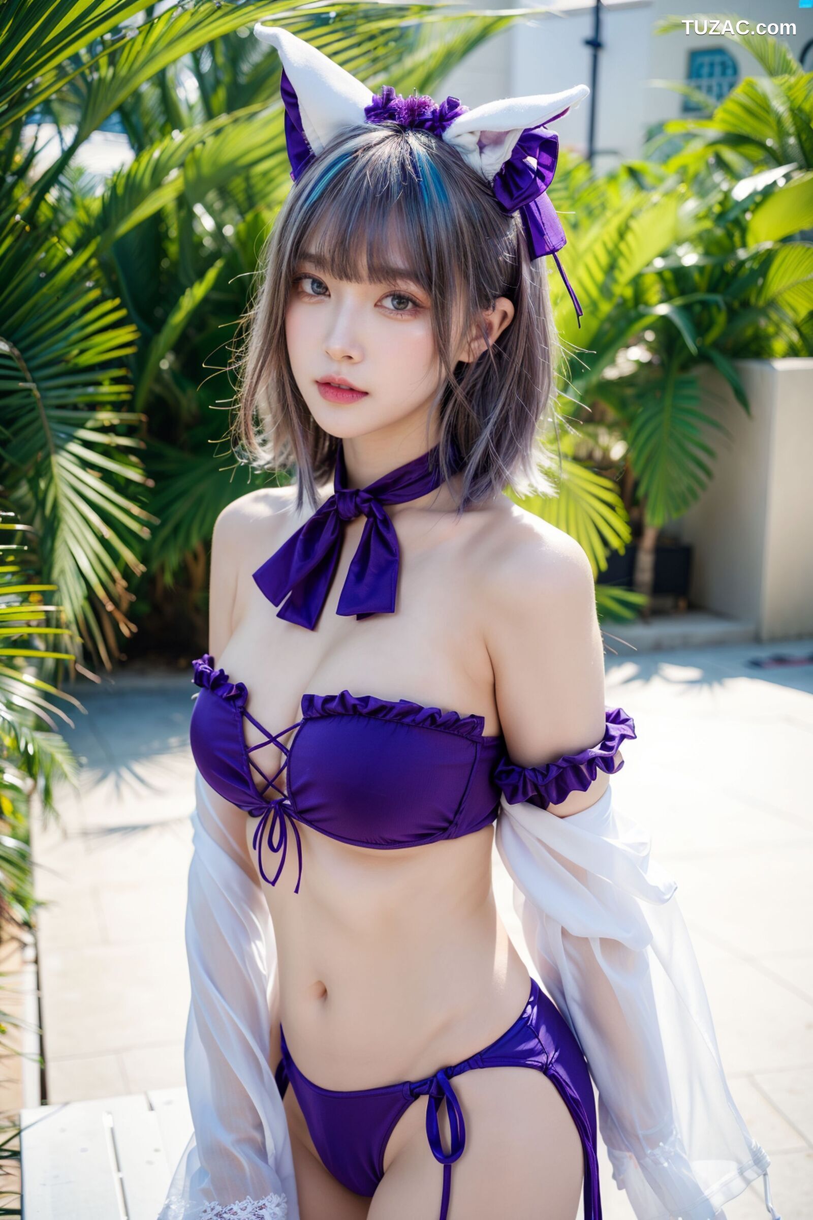 AI美女-拟实-紫色比基尼兽耳泳池场景
