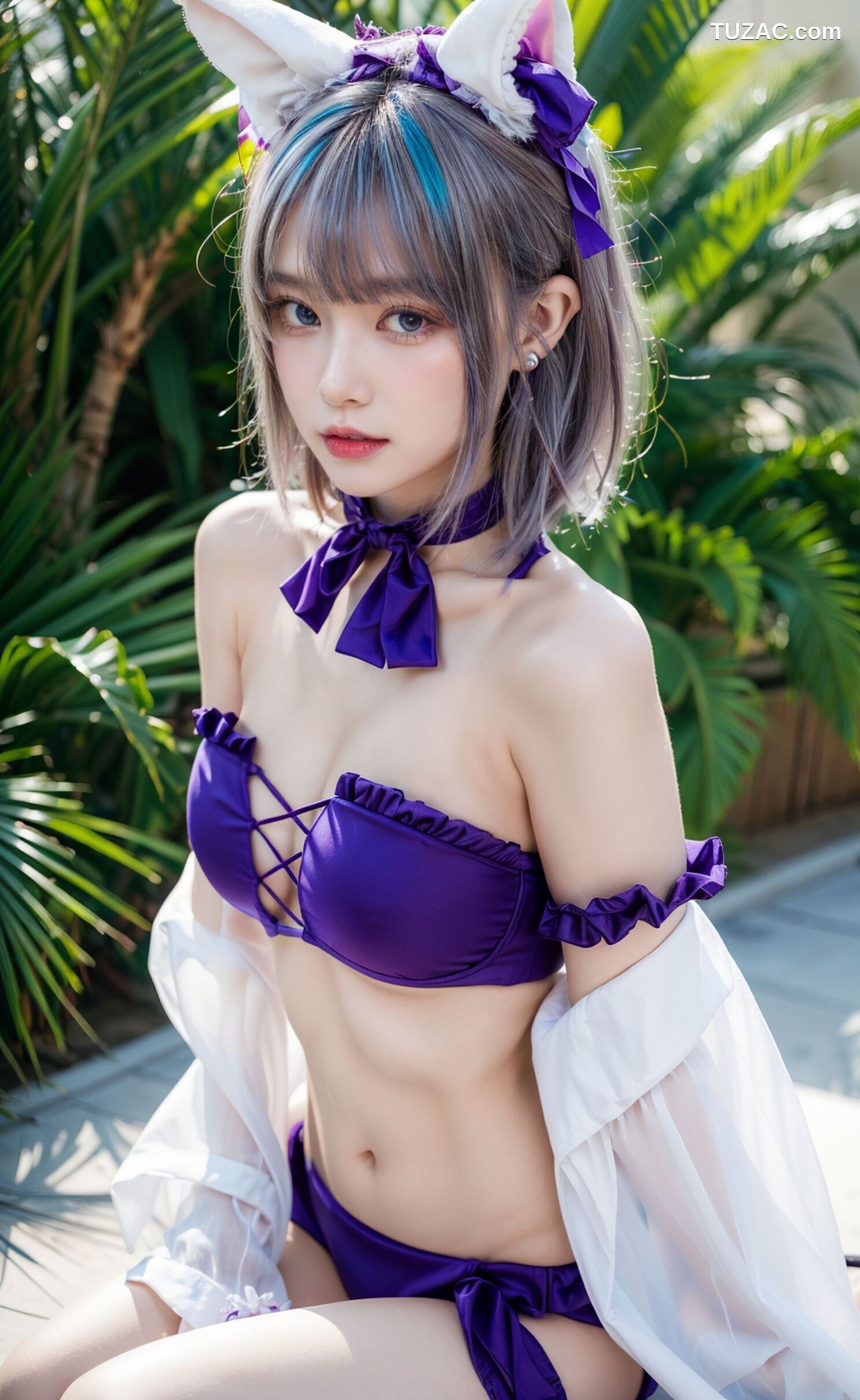AI美女-拟实-紫色比基尼兽耳泳池场景