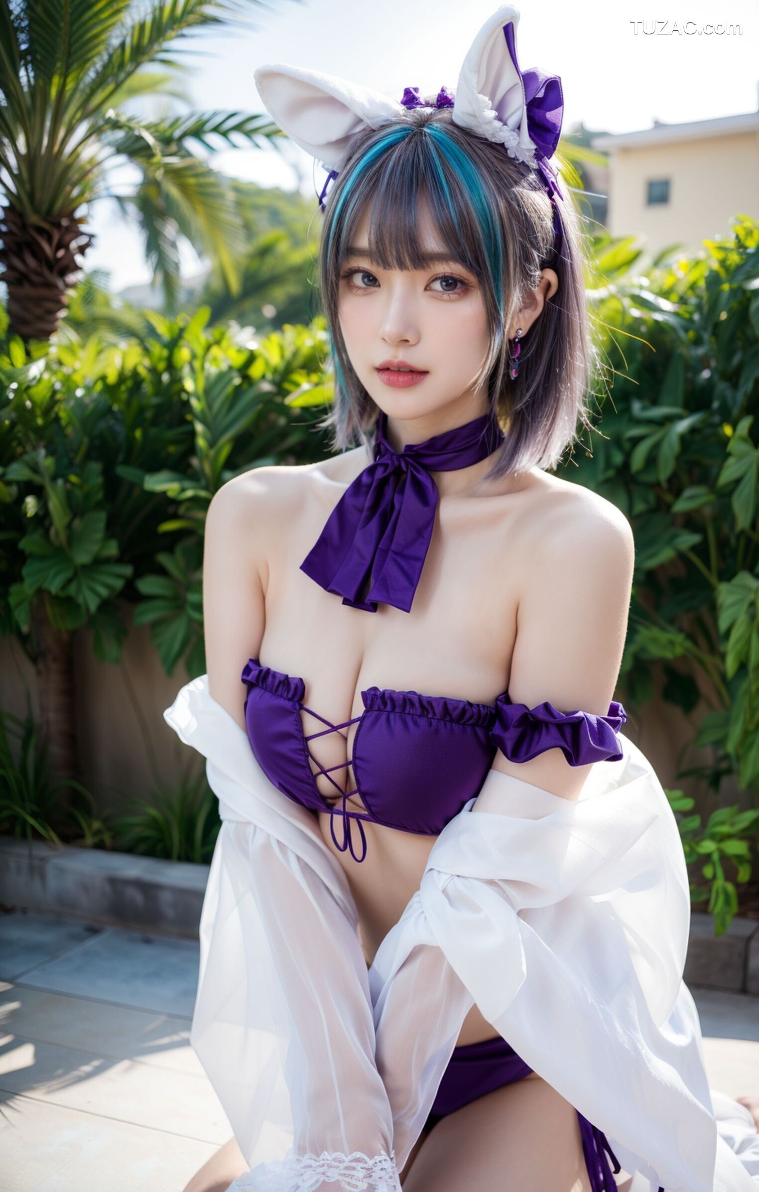 AI美女-拟实-紫色比基尼兽耳泳池场景