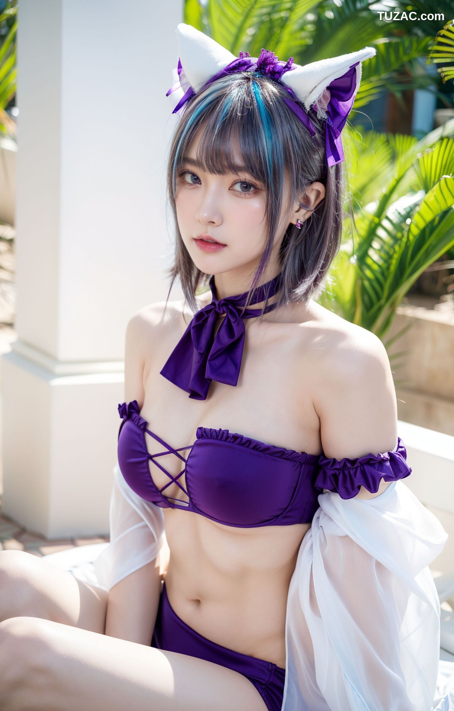 AI美女-拟实-紫色比基尼兽耳泳池场景