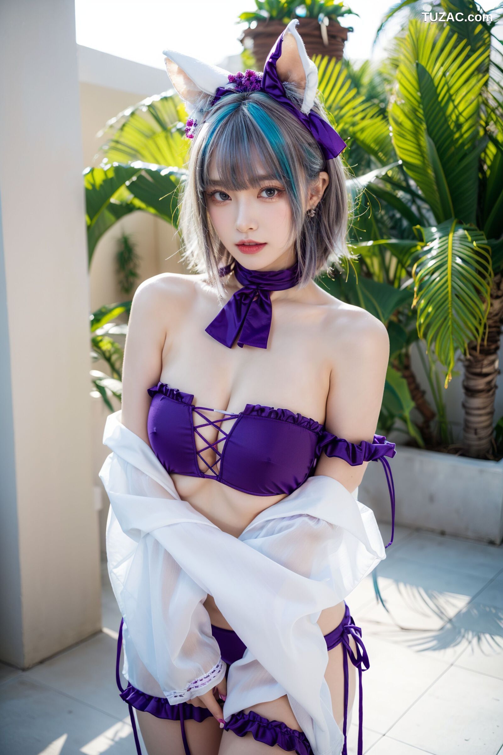 AI美女-拟实-紫色比基尼兽耳泳池场景