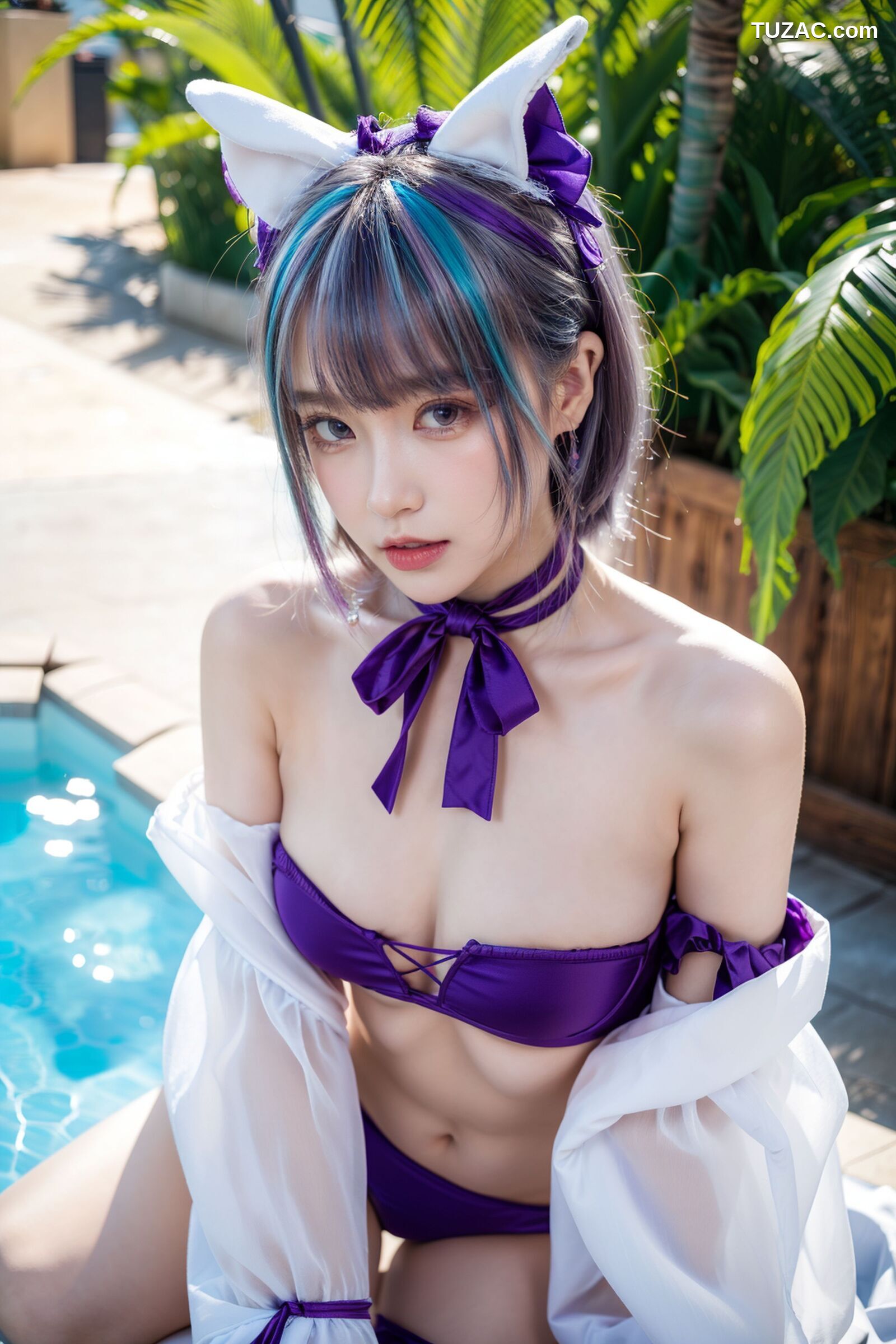 AI美女-拟实-紫色比基尼兽耳泳池场景