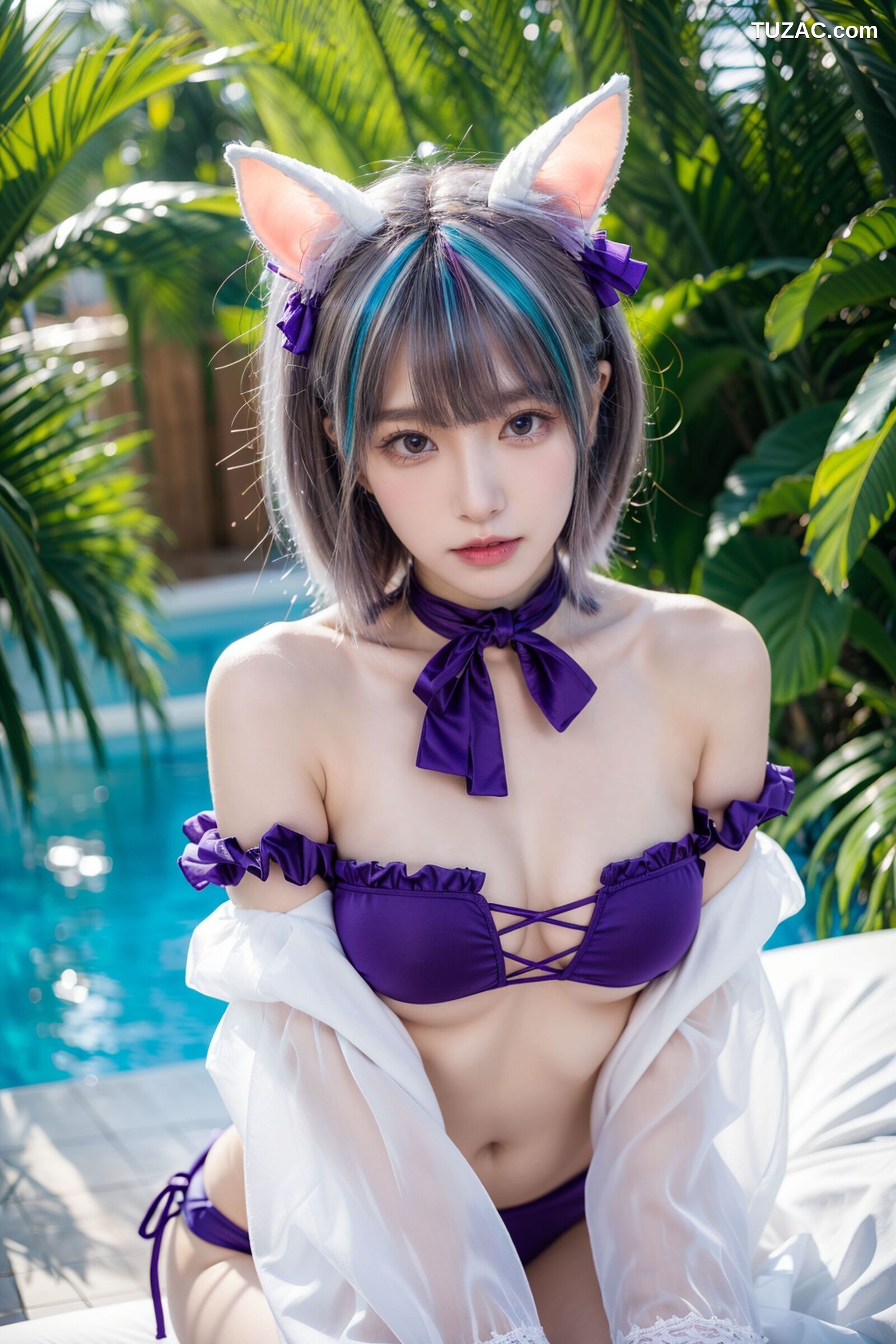 AI美女-拟实-紫色比基尼兽耳泳池场景
