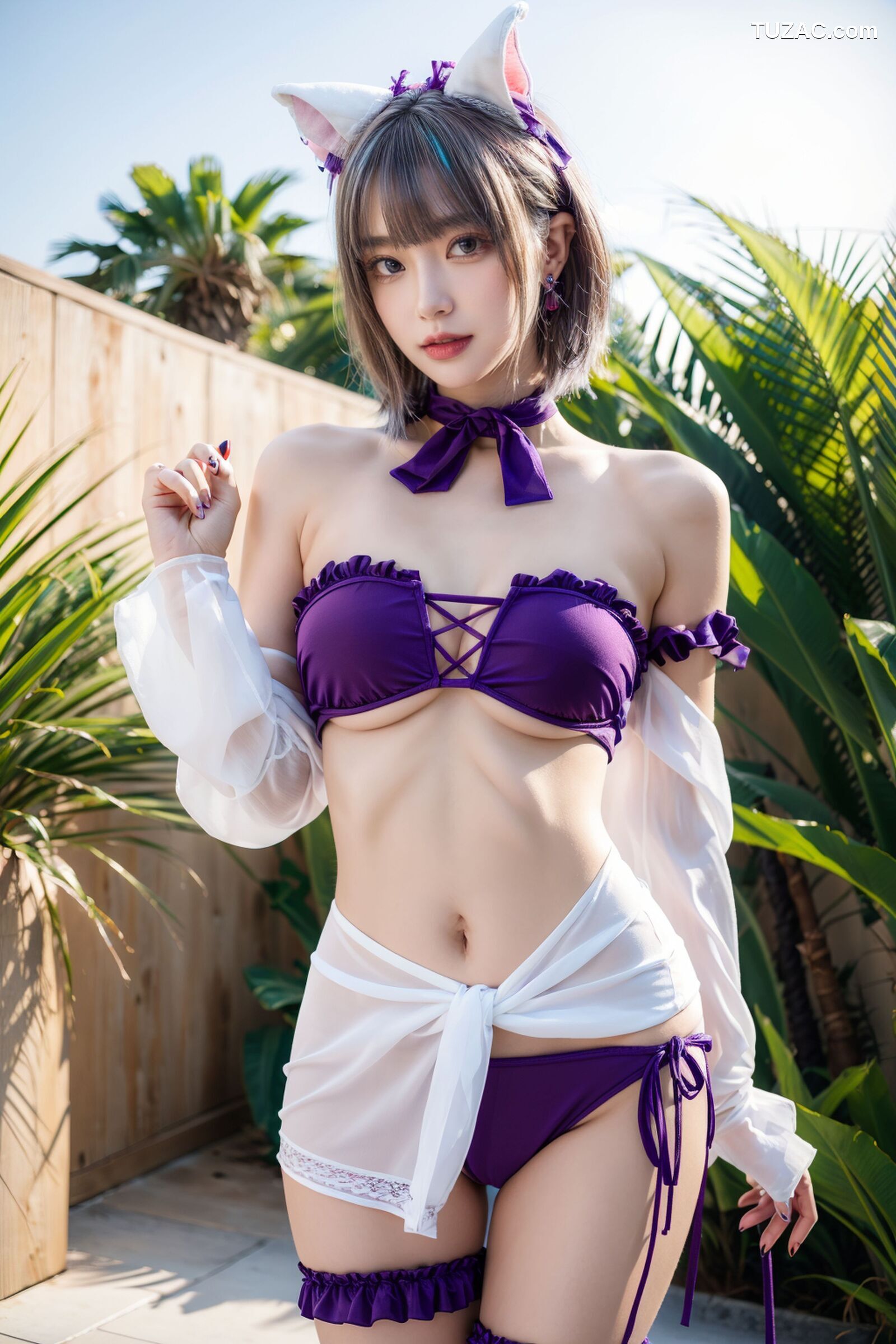 AI美女-拟实-紫色比基尼兽耳泳池场景