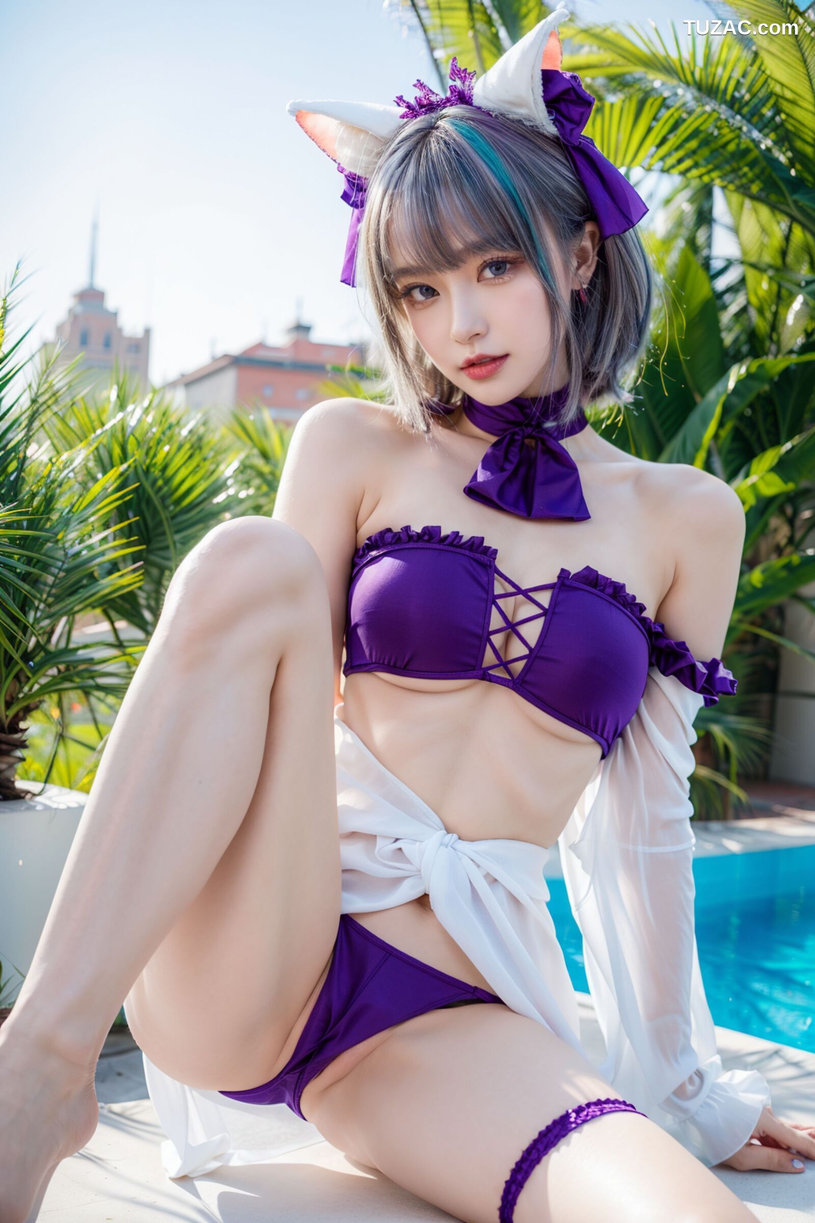AI美女-拟实-紫色比基尼兽耳泳池场景