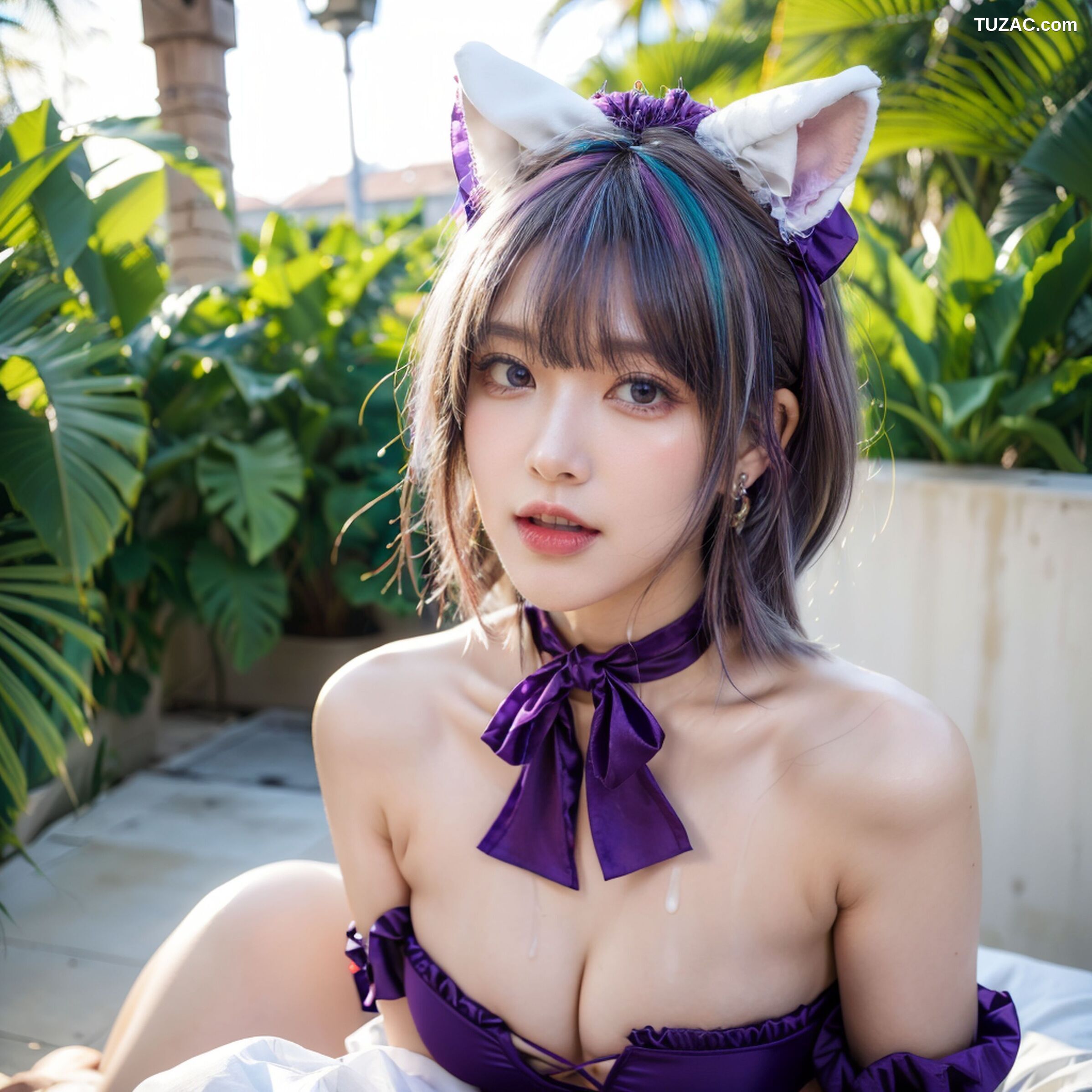 AI美女-拟实-紫色比基尼兽耳泳池场景