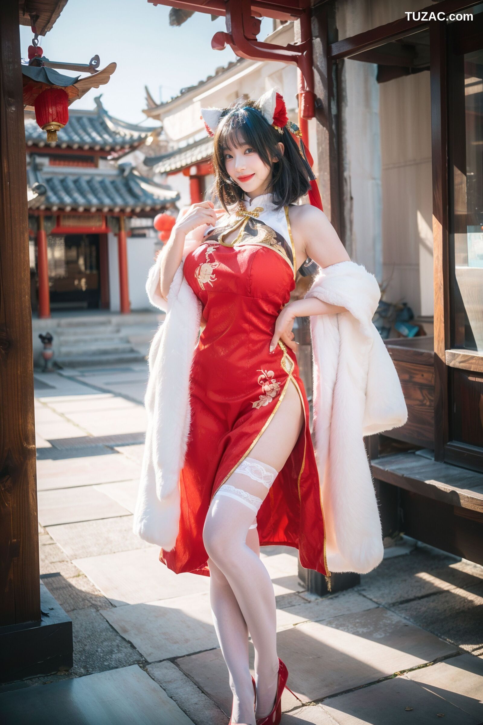 AI美女-拟实-红旗袍猫耳cos