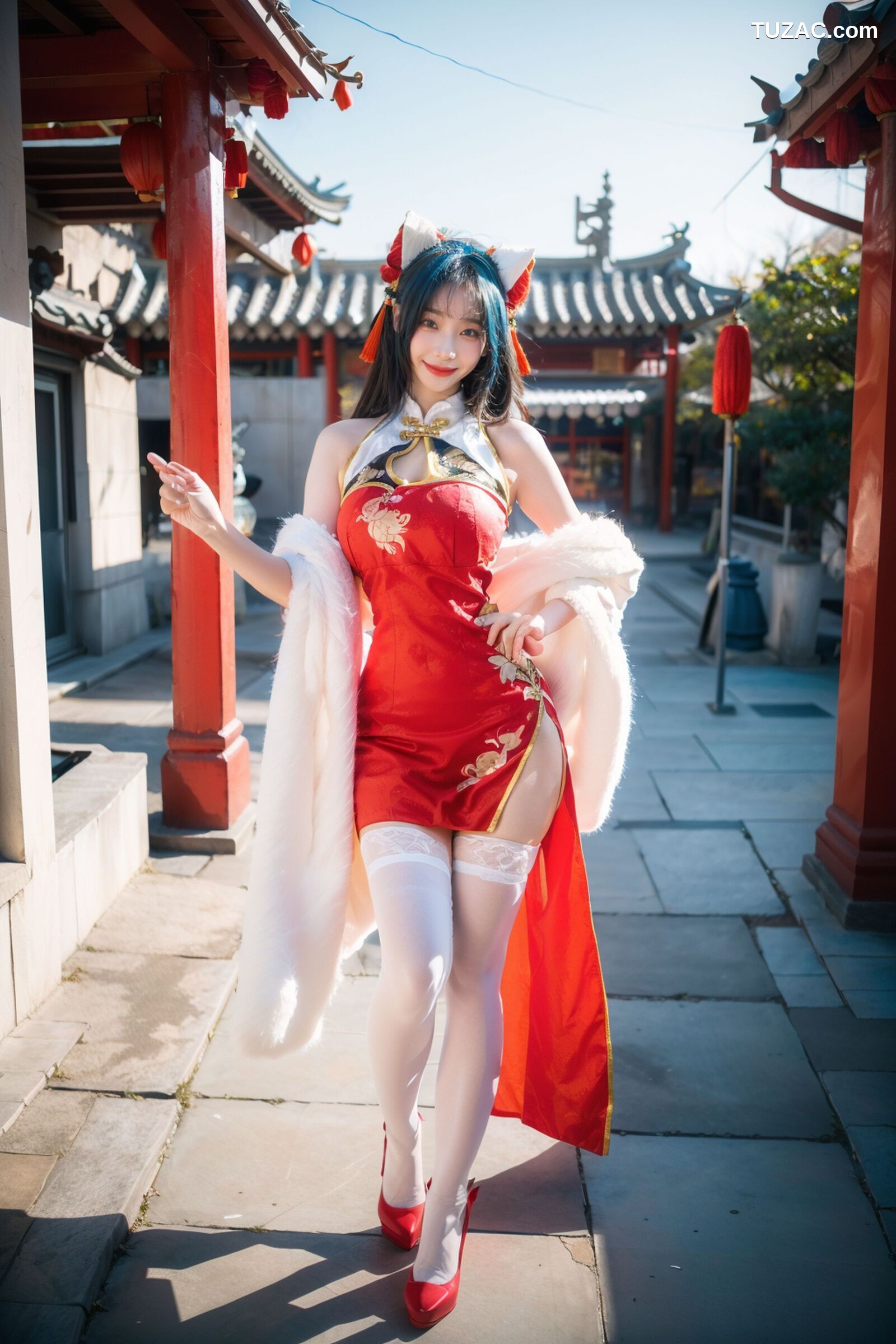 AI美女-拟实-红旗袍猫耳cos