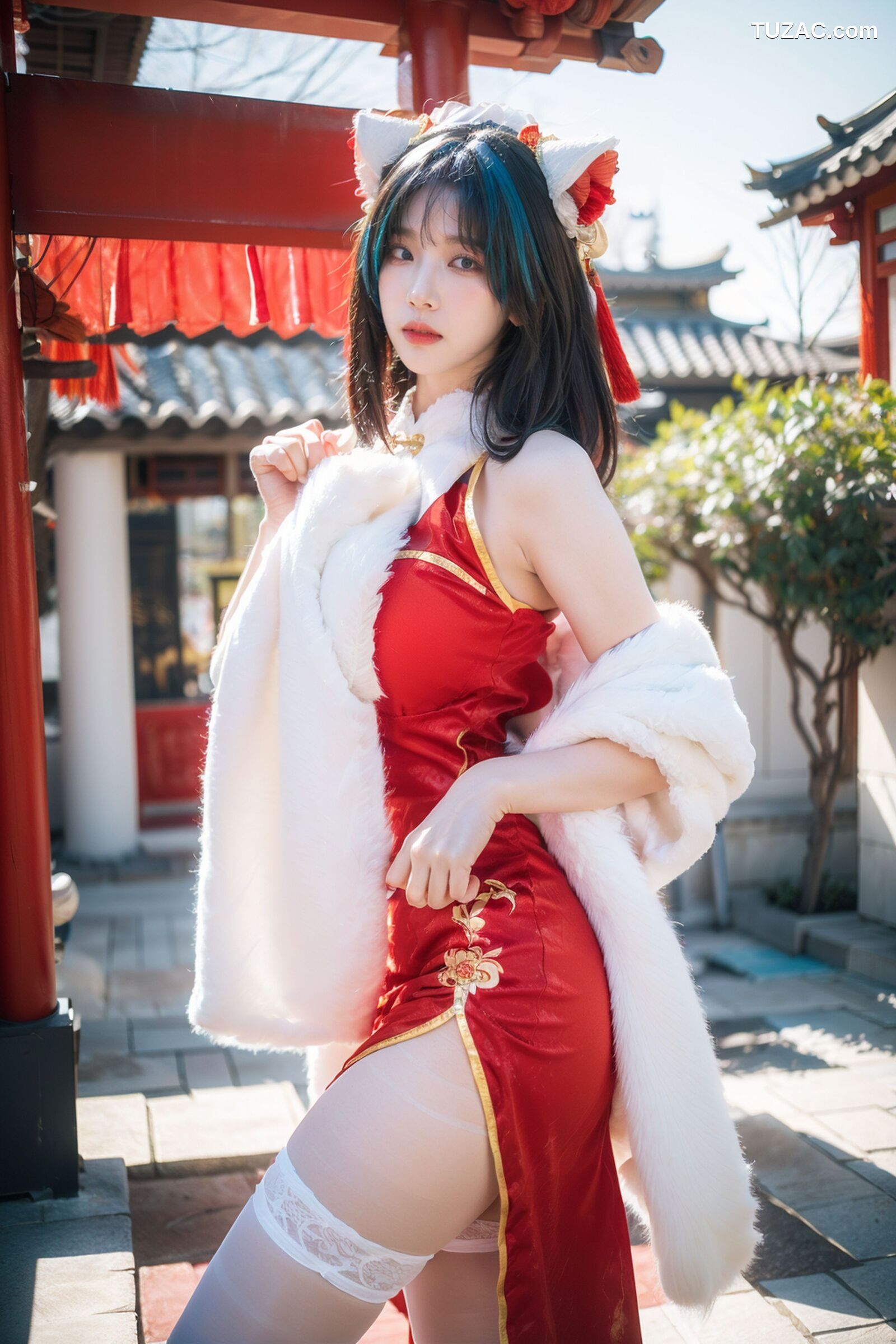 AI美女-拟实-红旗袍猫耳cos